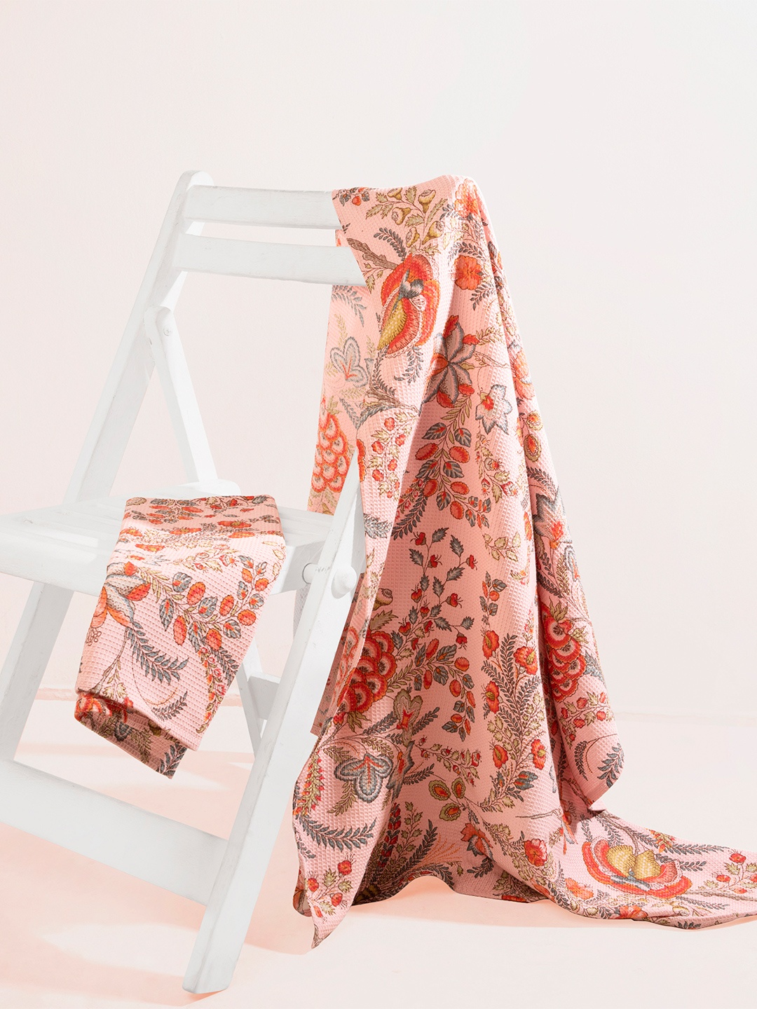 

LacyLook Pink and Grey Floral Printed Waffle Textured Cotton Bath & Hand Towel Set