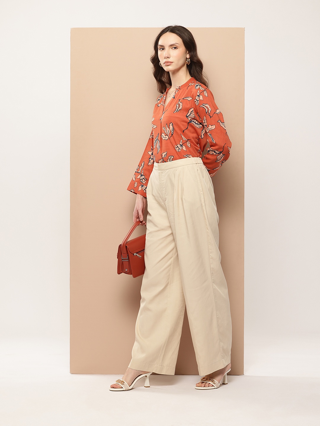 

her by invictus Floral Print Mandarin Collar Shirt Style Longline Top, Orange