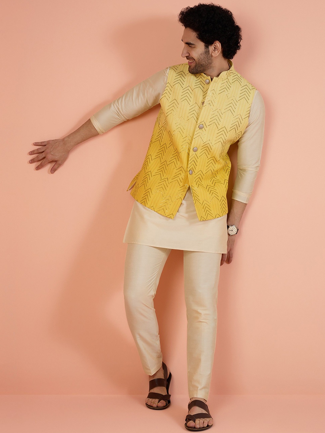 

KISAH Mandarin Collar Straight Kurta With Sequence Embellished Nehru Jacket Trouser Set, Yellow