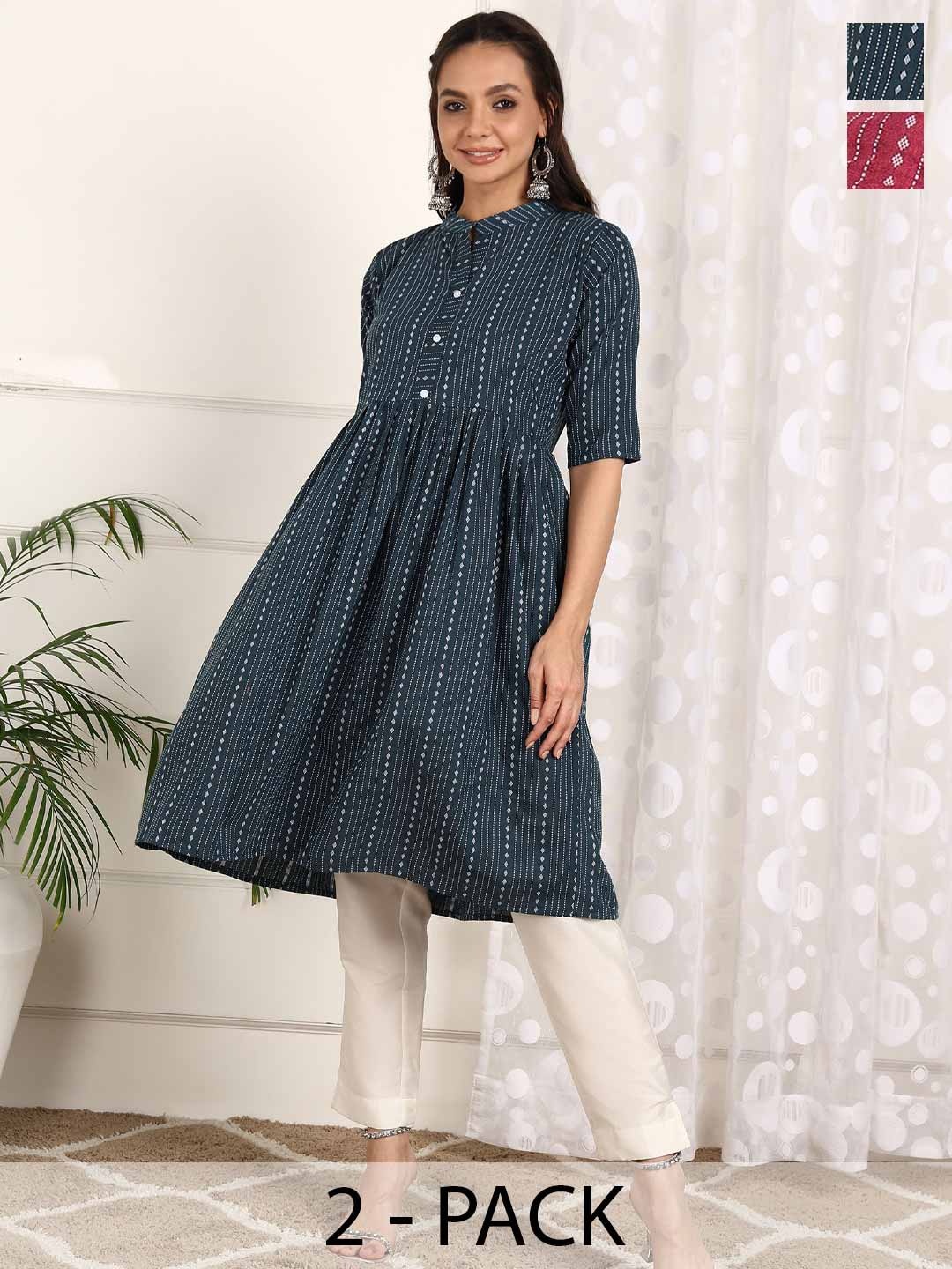 

Vinhscape Selection of 2 Woven Design Mandarin Collar Empire Cotton Anarkali Kurta, Navy blue