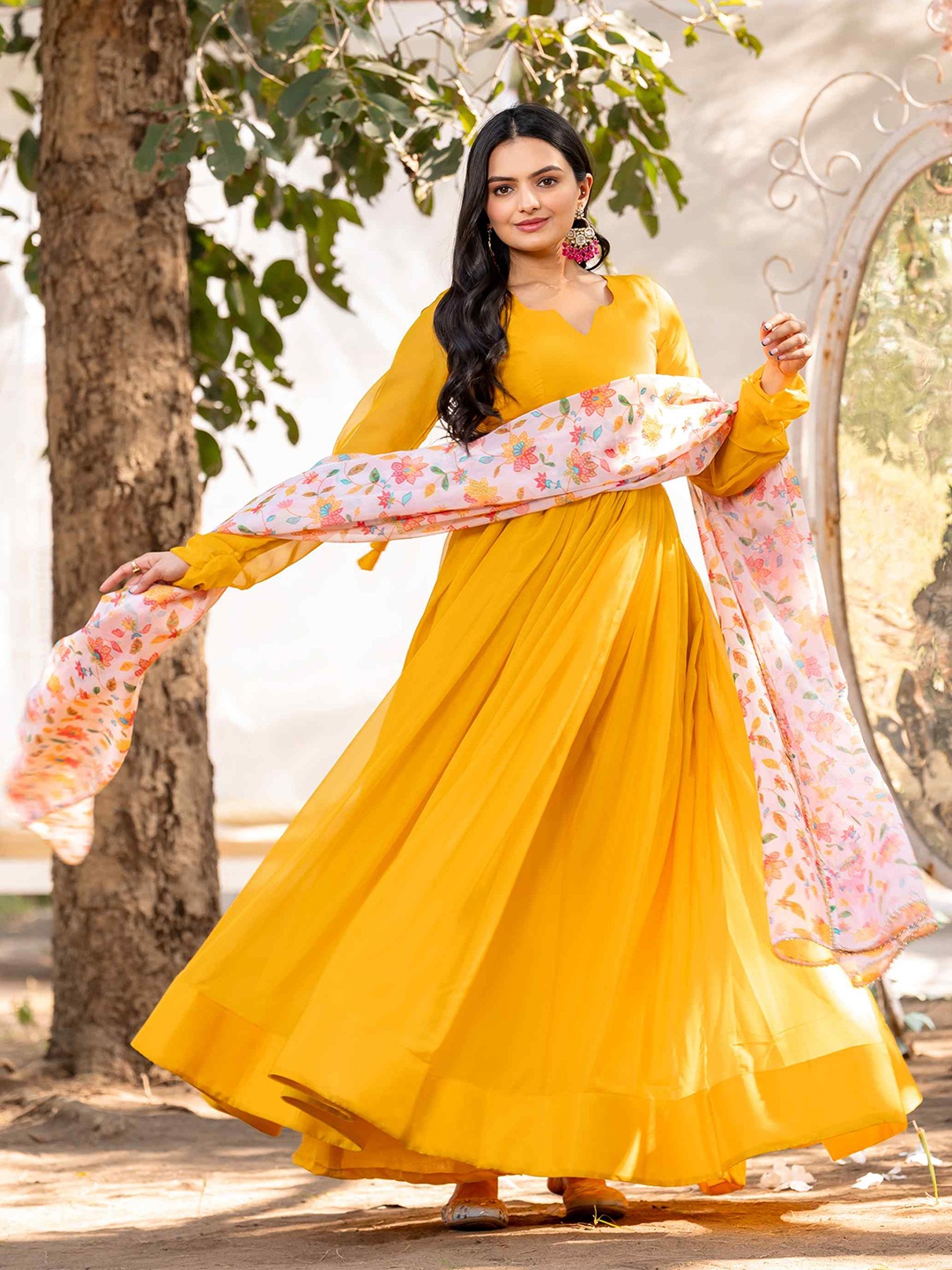 

TextileNow Gown Maxi Ethnic Dresses With Printed Dupatta, Yellow