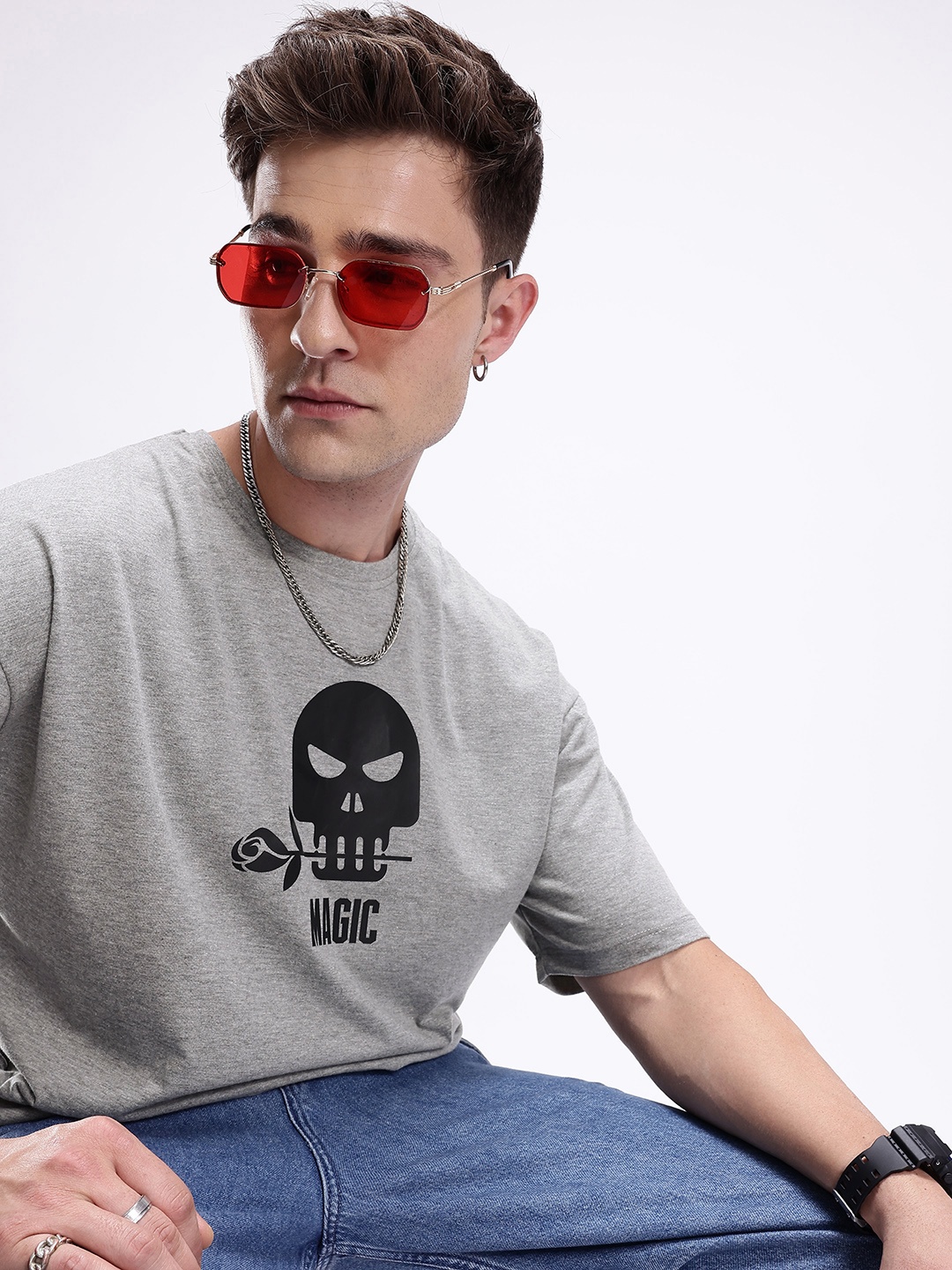 

Kook N Keech Men Printed Drop-Shoulder Sleeves Oversized Pure Cotton T-shirt, Grey