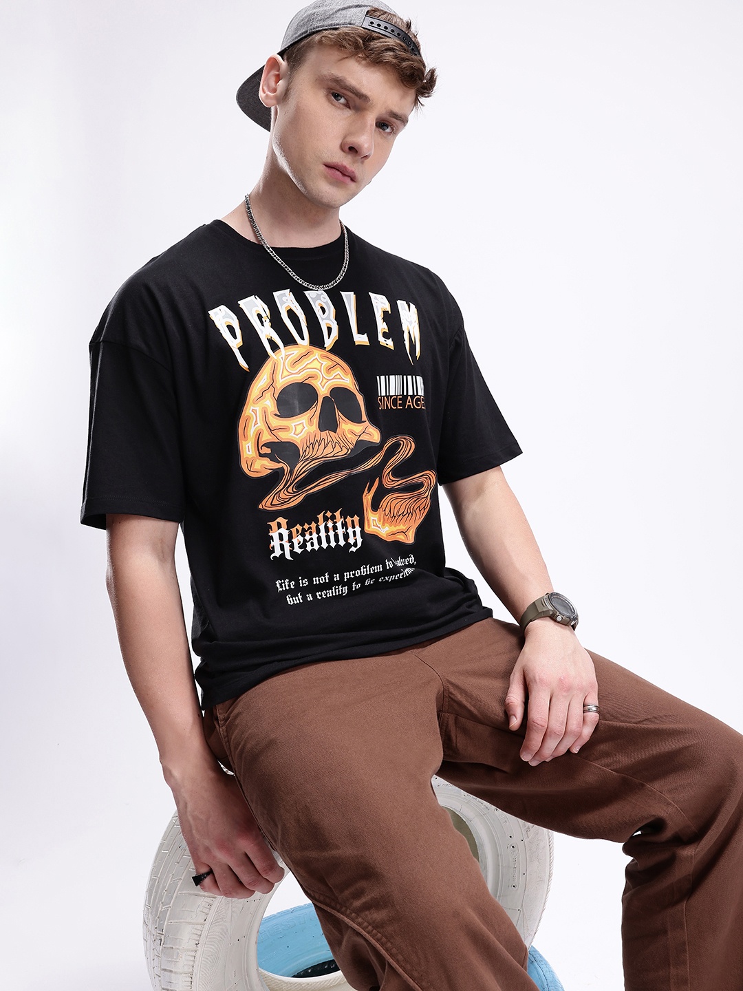 

Kook N Keech Men Printed Drop-Shoulder Sleeves Oversized Pure Cotton T-shirt, Black
