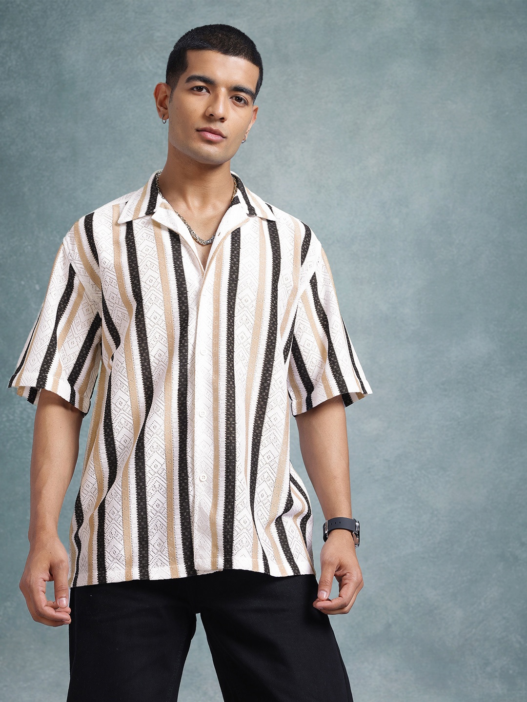 

The Roadster Lifestyle Co. Men Classic Striped Oversized Casual Shirt, Beige