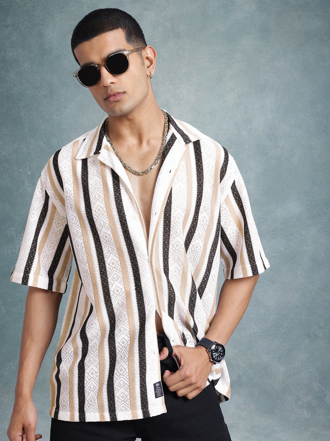 

The Roadster Lifestyle Co. Men Classic Striped Oversized Casual Shirt, Beige