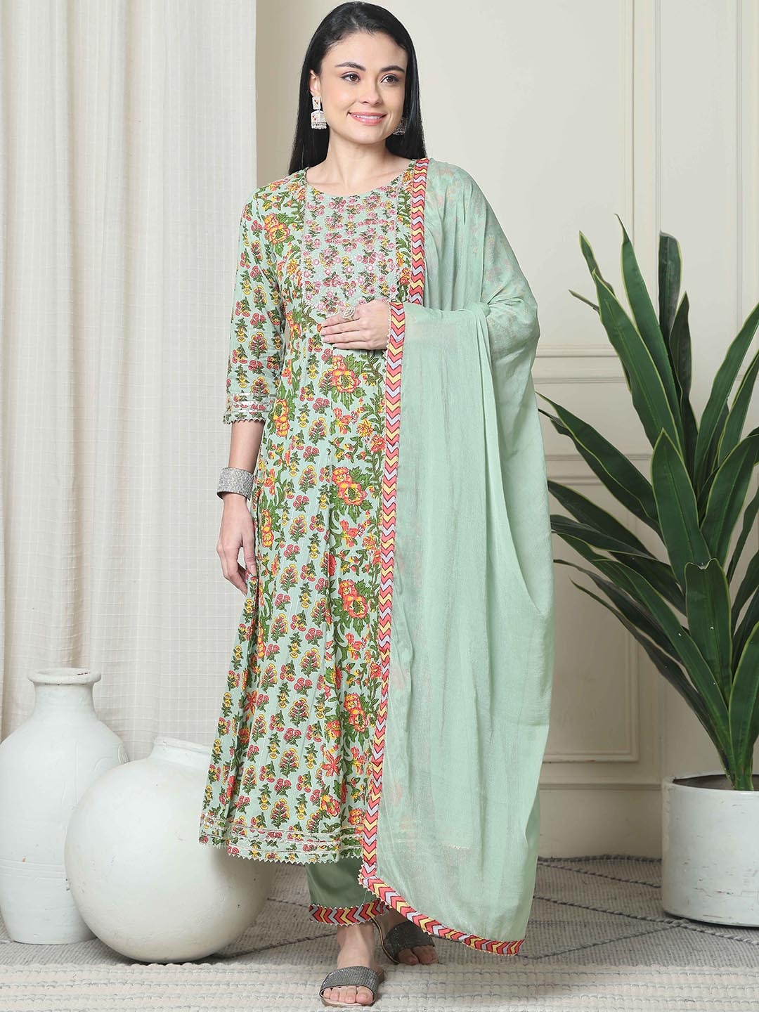 

Roly Poly Floral Printed Round Neck Pure Cotton Anarkali Kurta With Trouser And Dupatta, Green