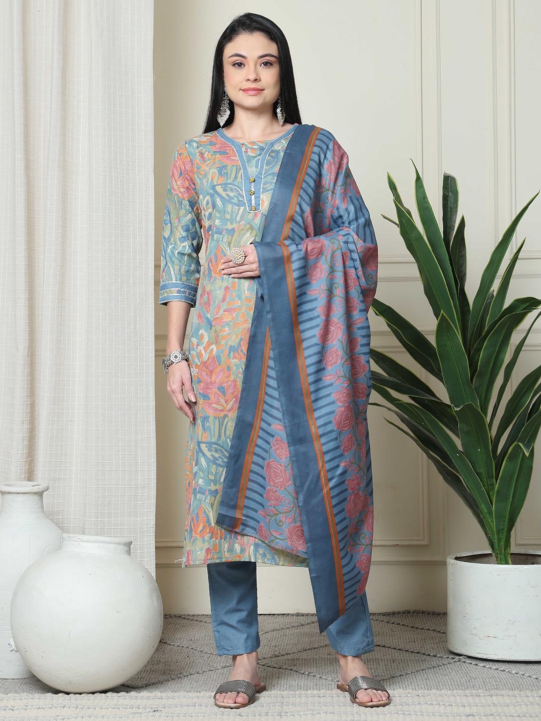 

Roly Poly Abstract Printed Straight Kurta With Trousers And Dupatta, Blue