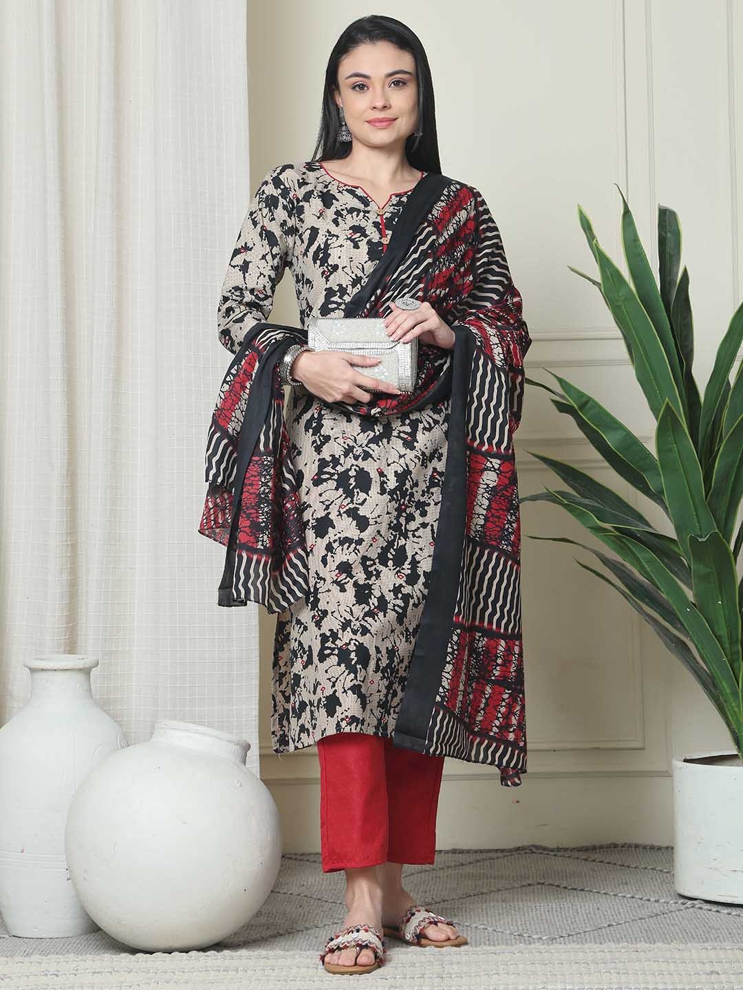 

Roly Poly Abstract Printed Notch Neck Straight Kurta With Trousers And Dupatta, Beige