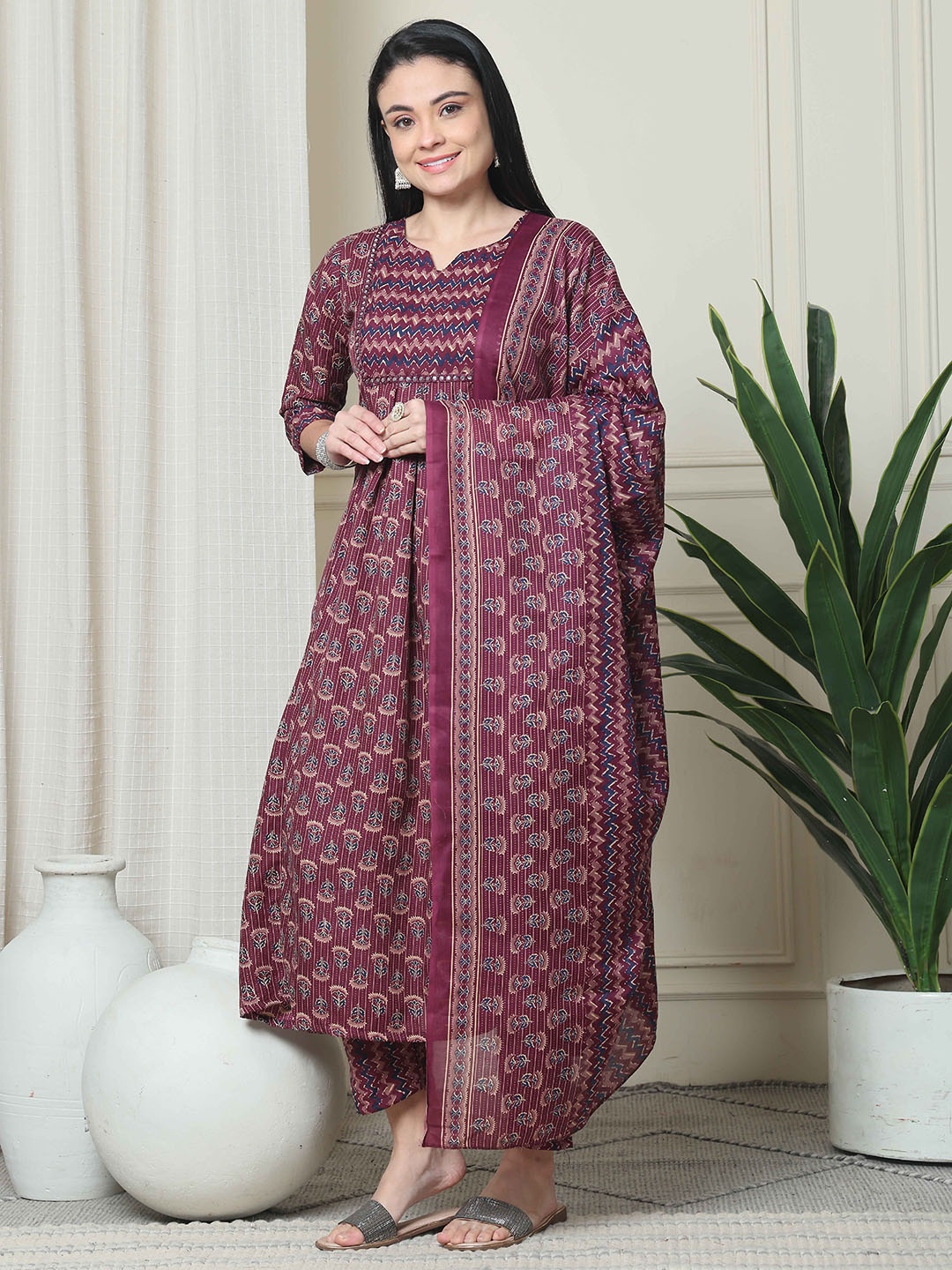 

Roly Poly Ethnic Motifs Printed Notch Neck Anarkali Kurta With Trouser And Dupatta, Maroon