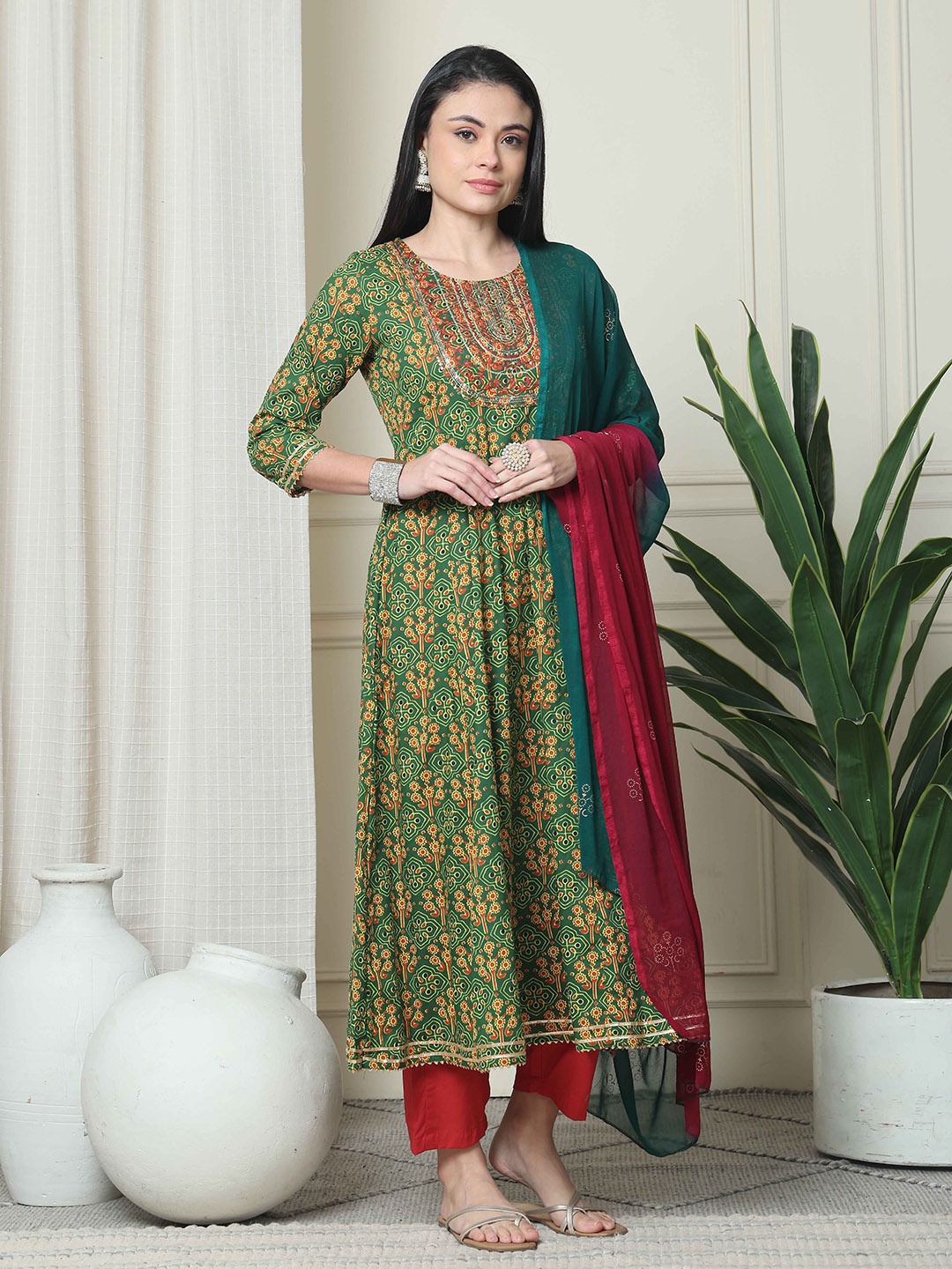 

Roly Poly Ethnic Motifs Printed Thread work Pure Cotton Kurta With Trousers And Dupatta, Green