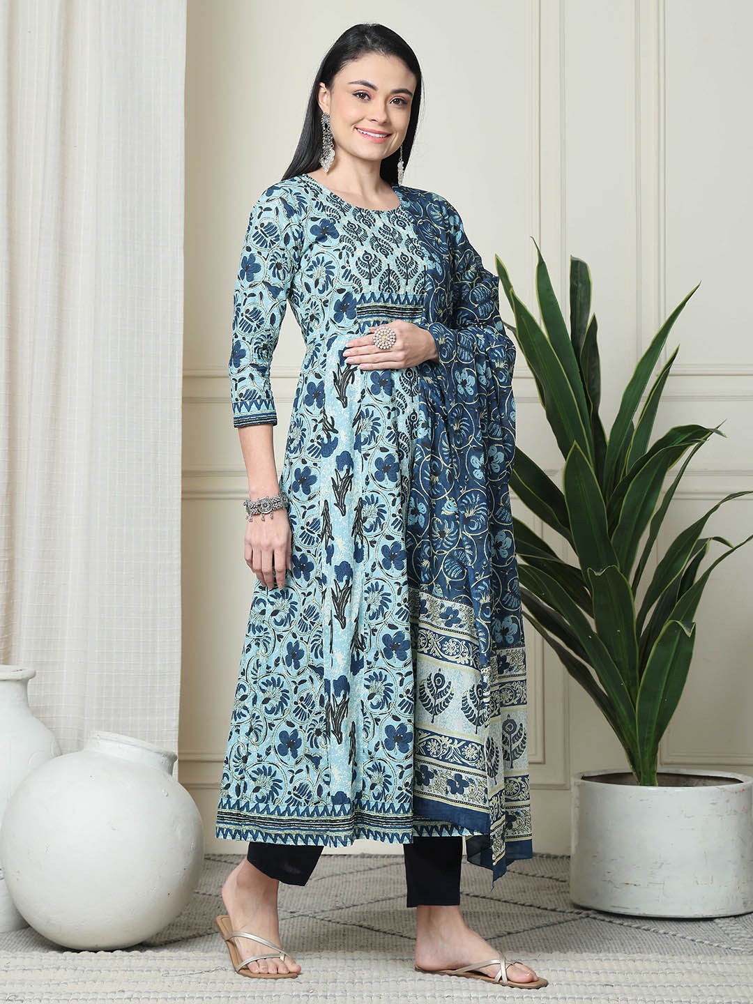 

Roly Poly Floral Printed Pure Cambric Cotton Anarkali Kurta With Trouser And Dupatta, Blue