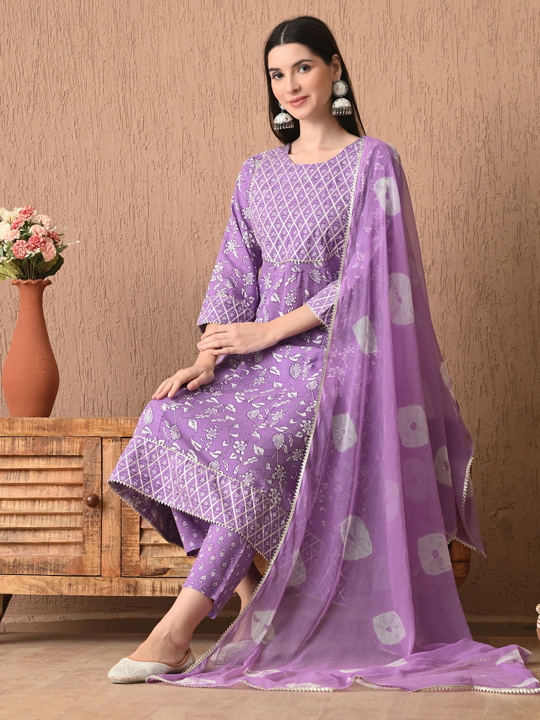 

Bhoolft Floral Printed Round Neck Gotta Patti Panelled A-Line Kurta With Trouser & Dupatta, Purple