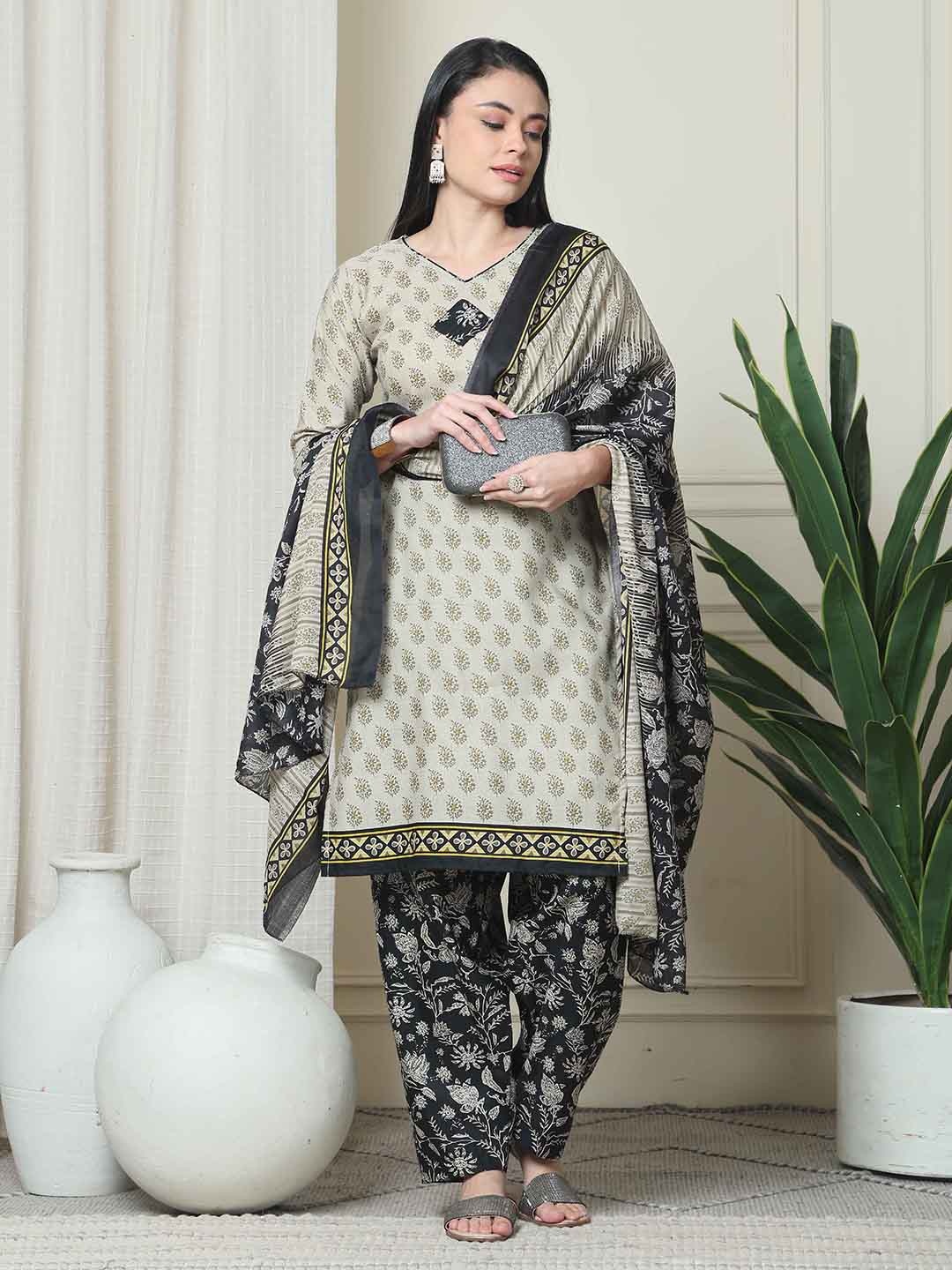 

Rajnandini Floral Printed V-Neck Straight Kurta With Salwar & Dupatta, Beige