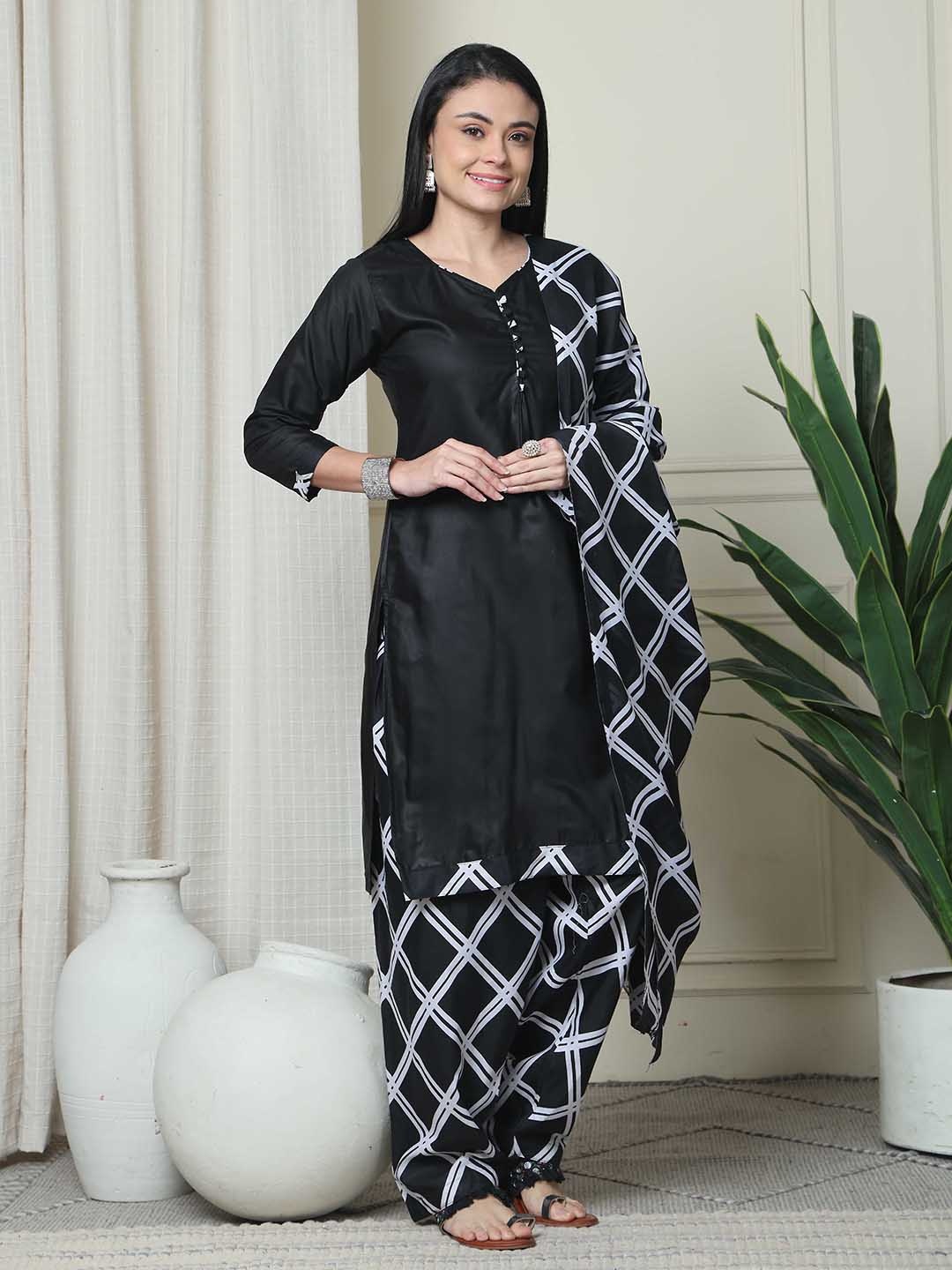 

Rajnandini V-Neck Straight Kurta With Salwar & Dupatta, Black