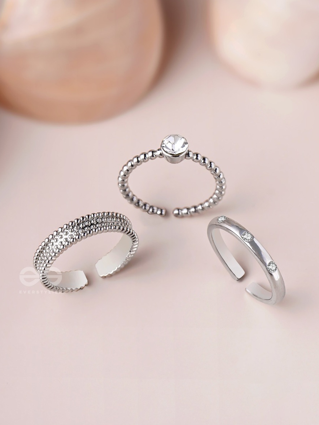 

EVERSTYLISH Set Of 3 Cubic Zirconia Studded Finger Rings, Silver