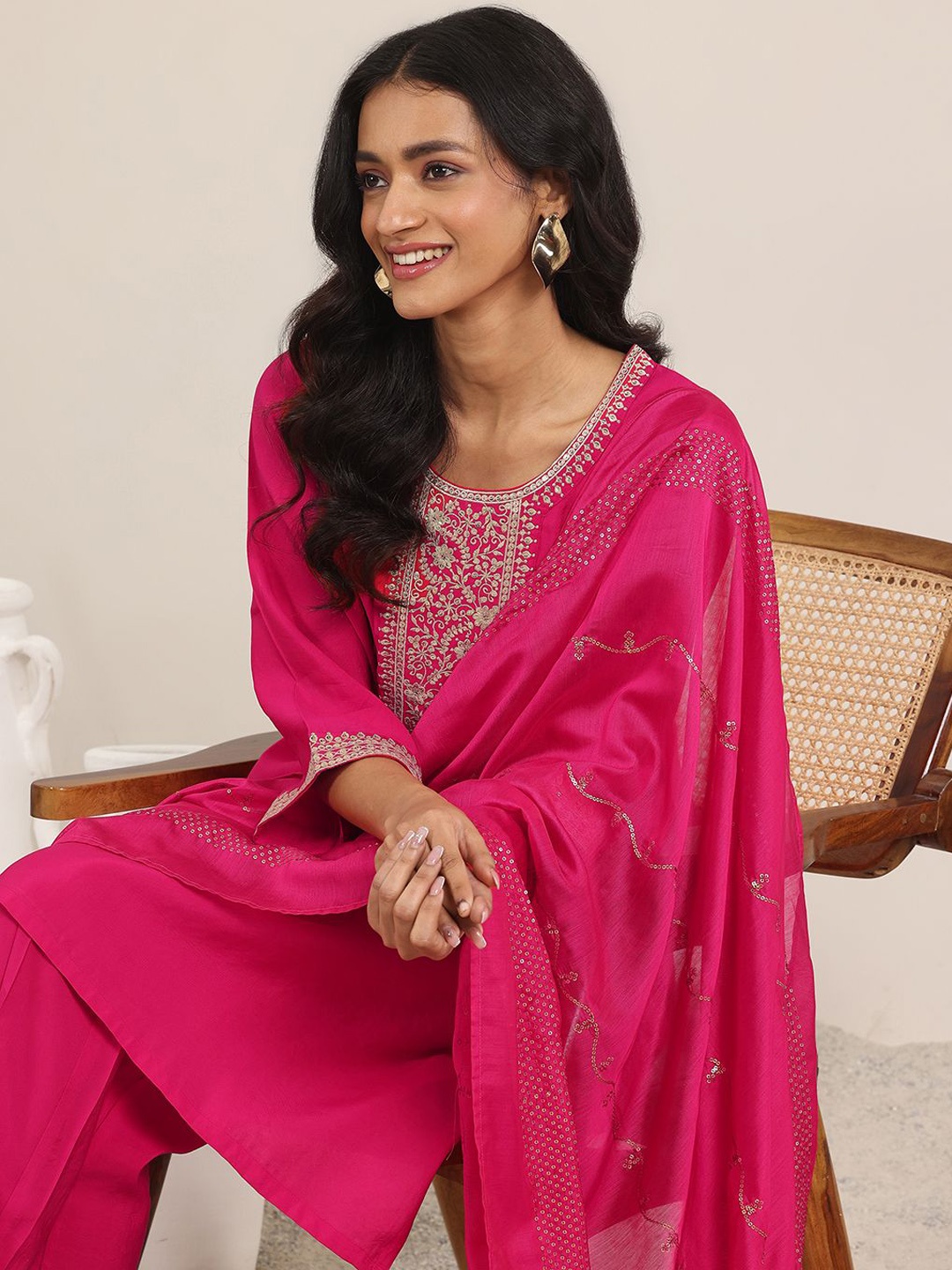 

Libas Pink Floral Yoke Design Flared Sleeves Straight Kurta With Trouser & Dupatta