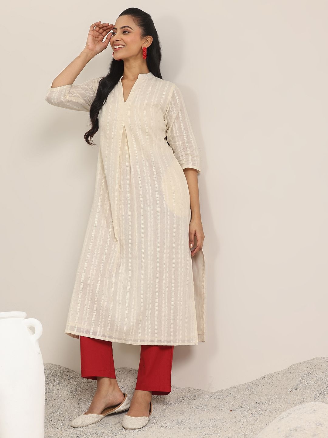 

Libas Woven Design Mandarin Collar Pleated A-Line Kurta, Off white