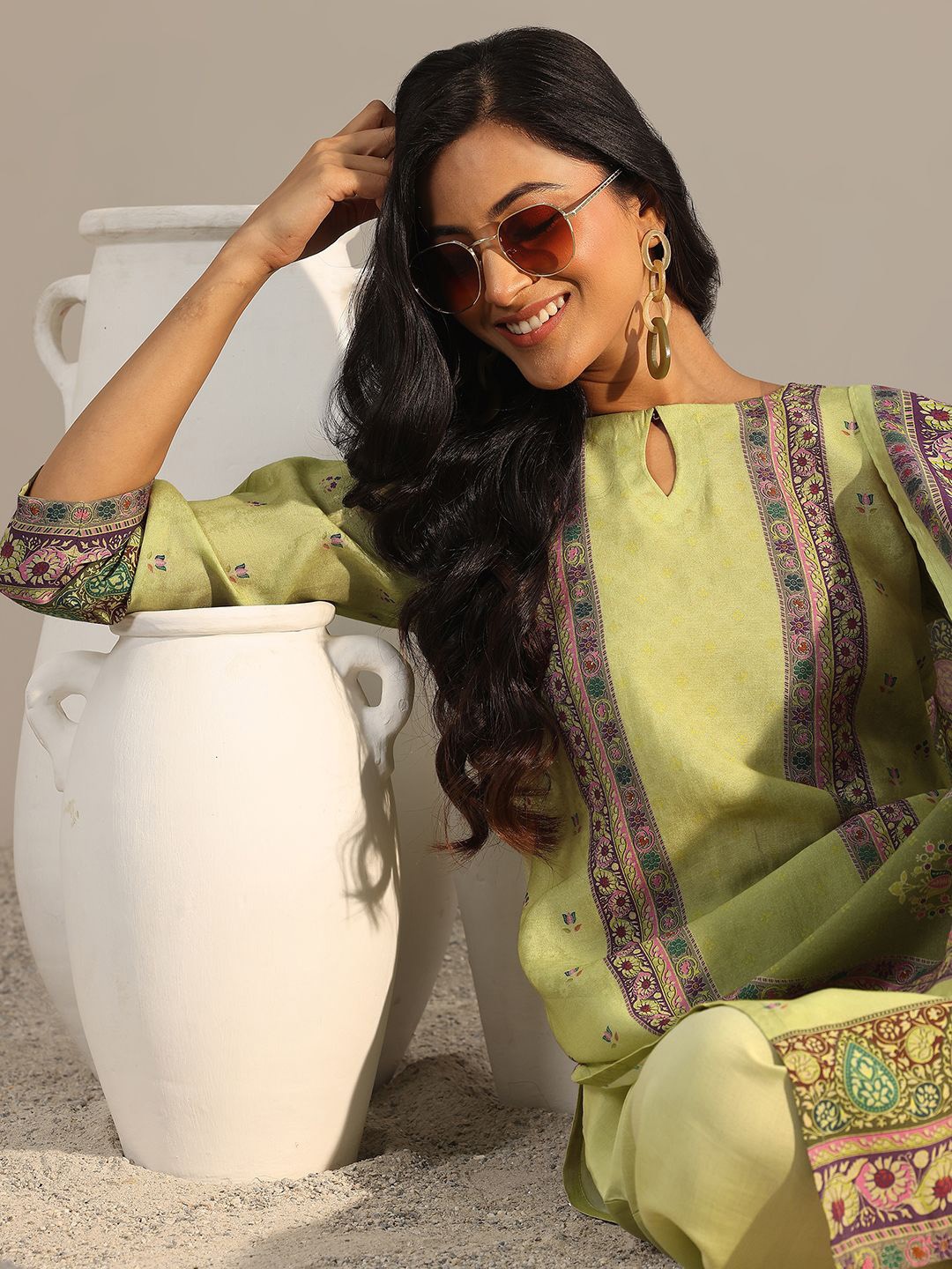 

Libas Green Ethnic Motifs Printed Keyhole Neck Straight Kurta With Salwar And Dupatta
