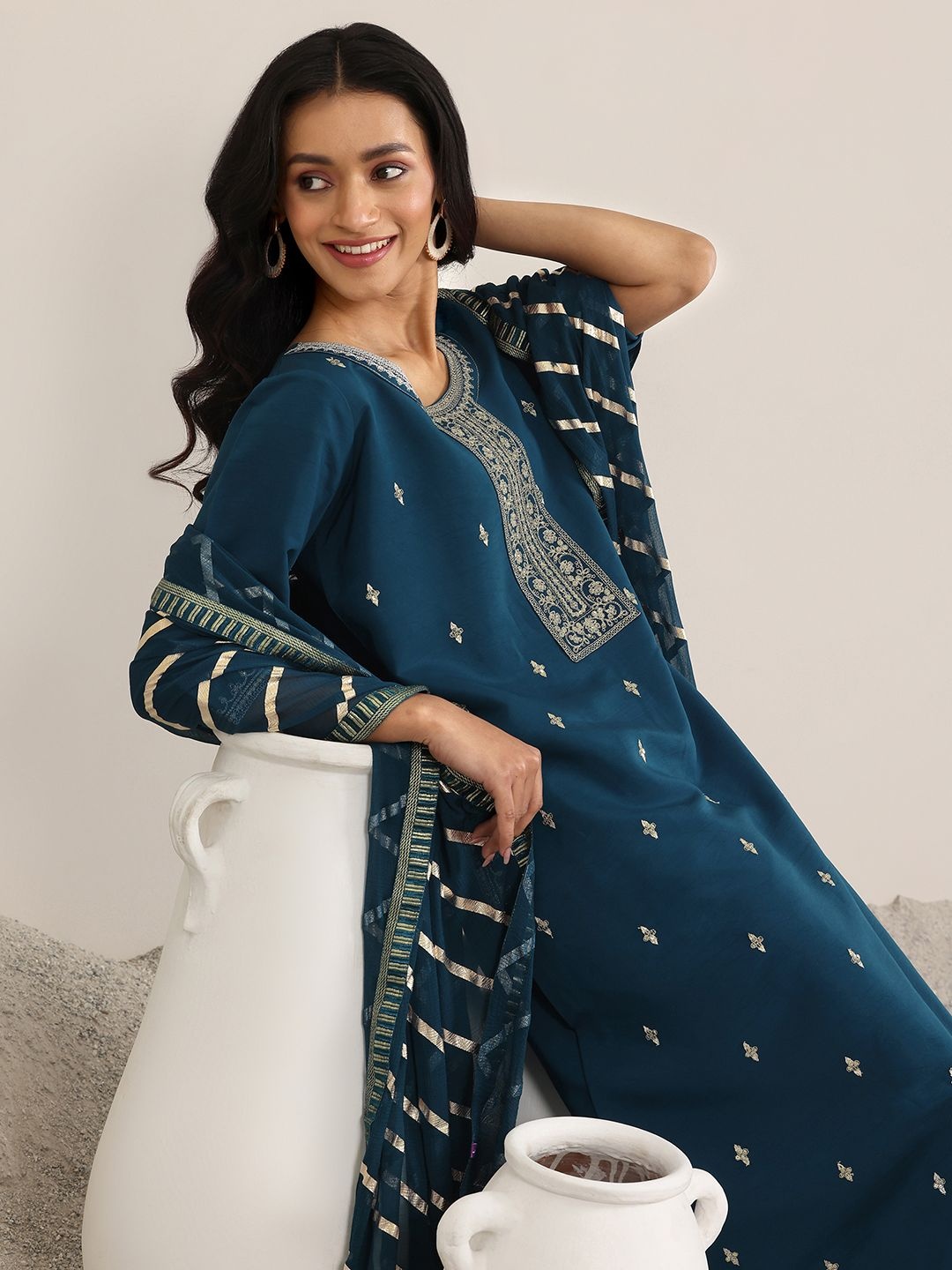 

Libas Blue Round Neck Floral Zari Embroidered A-Line Kurta With Trouser And Dupatta, Teal