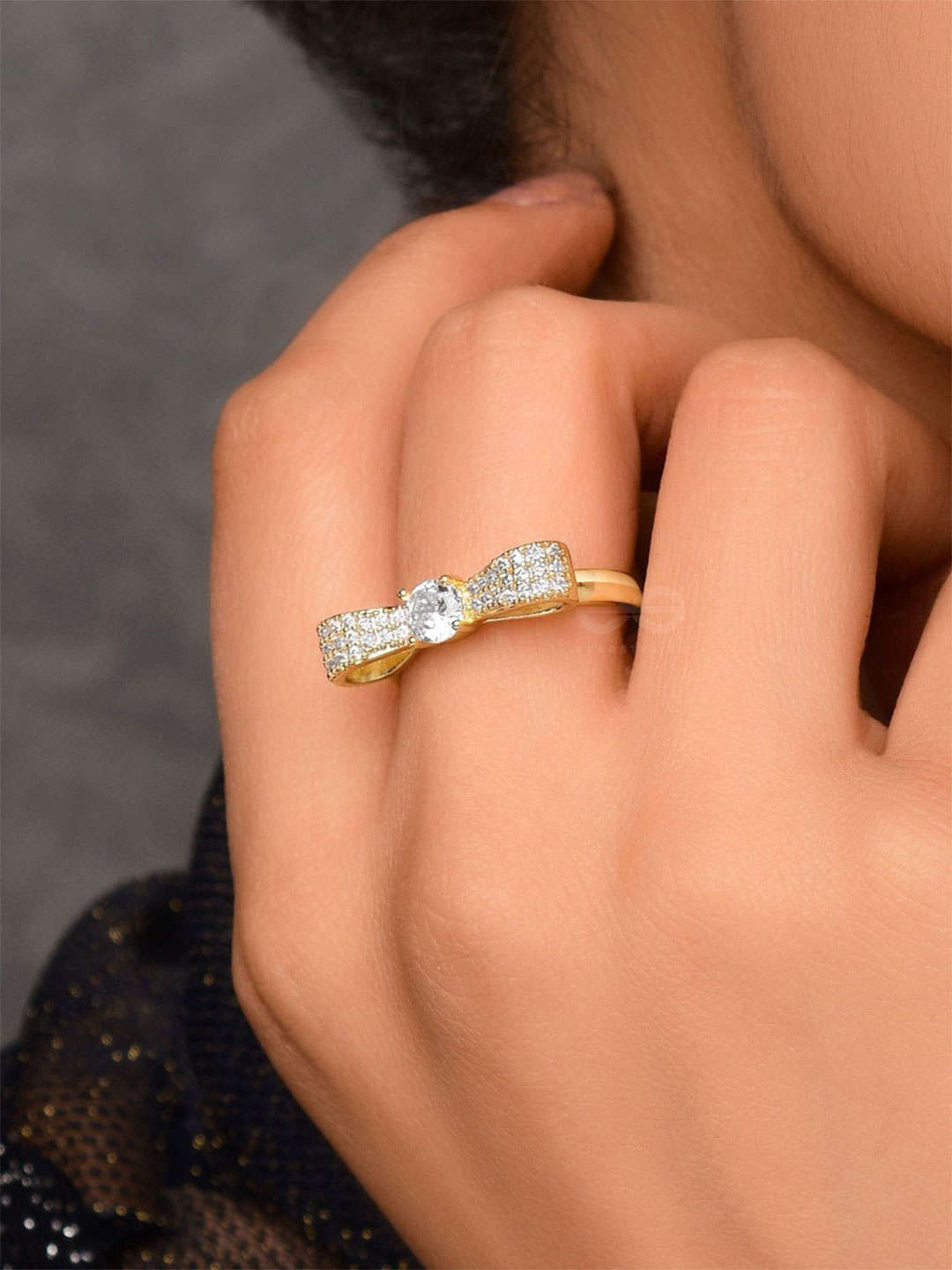 

EVERSTYLISH Sparkling Bow Cubic Zirconia Studded Finger Ring, Gold