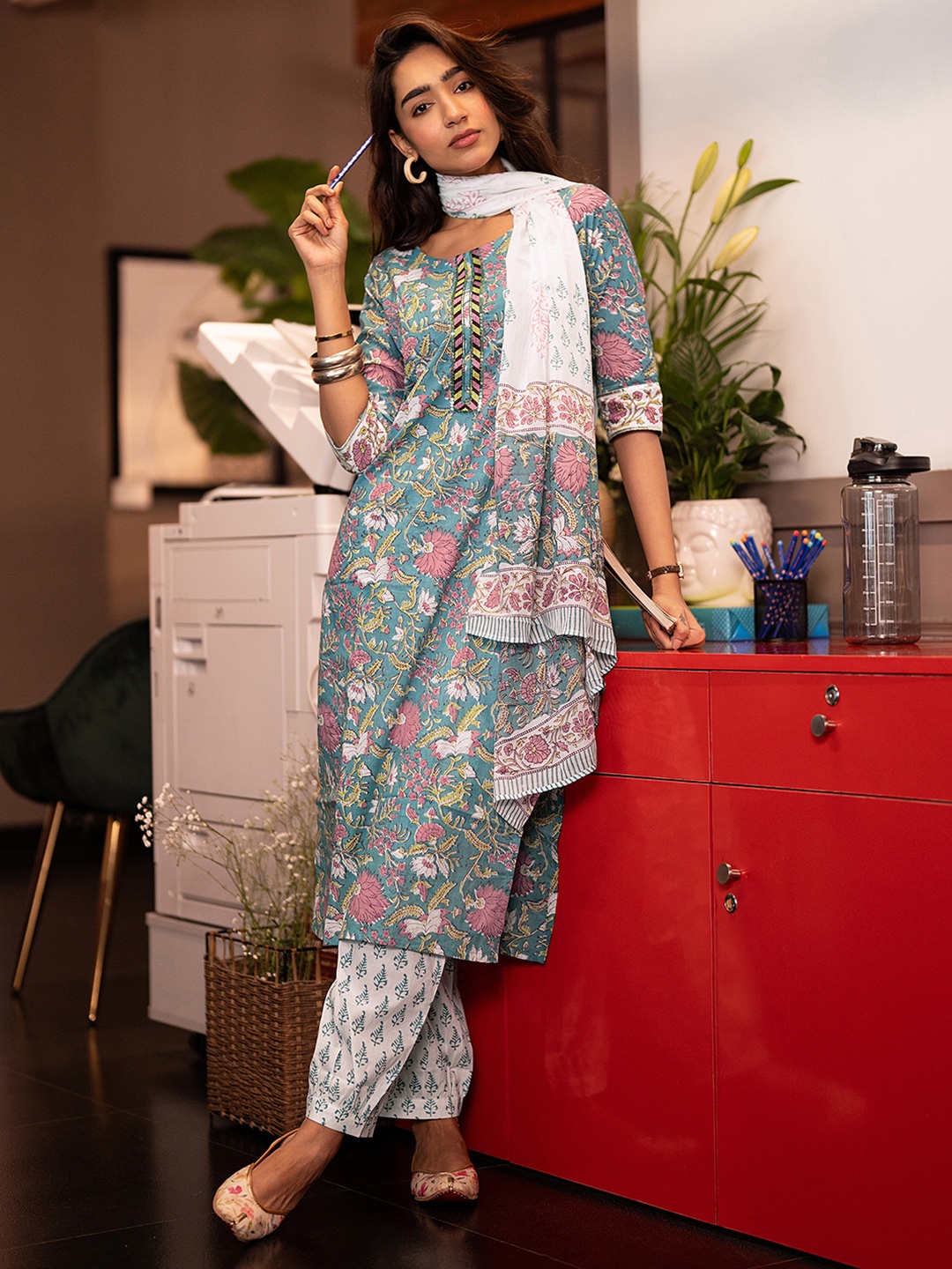 Libas Blue Floral Printed Sequinned Straight Kurta With Salwar And Dupatta