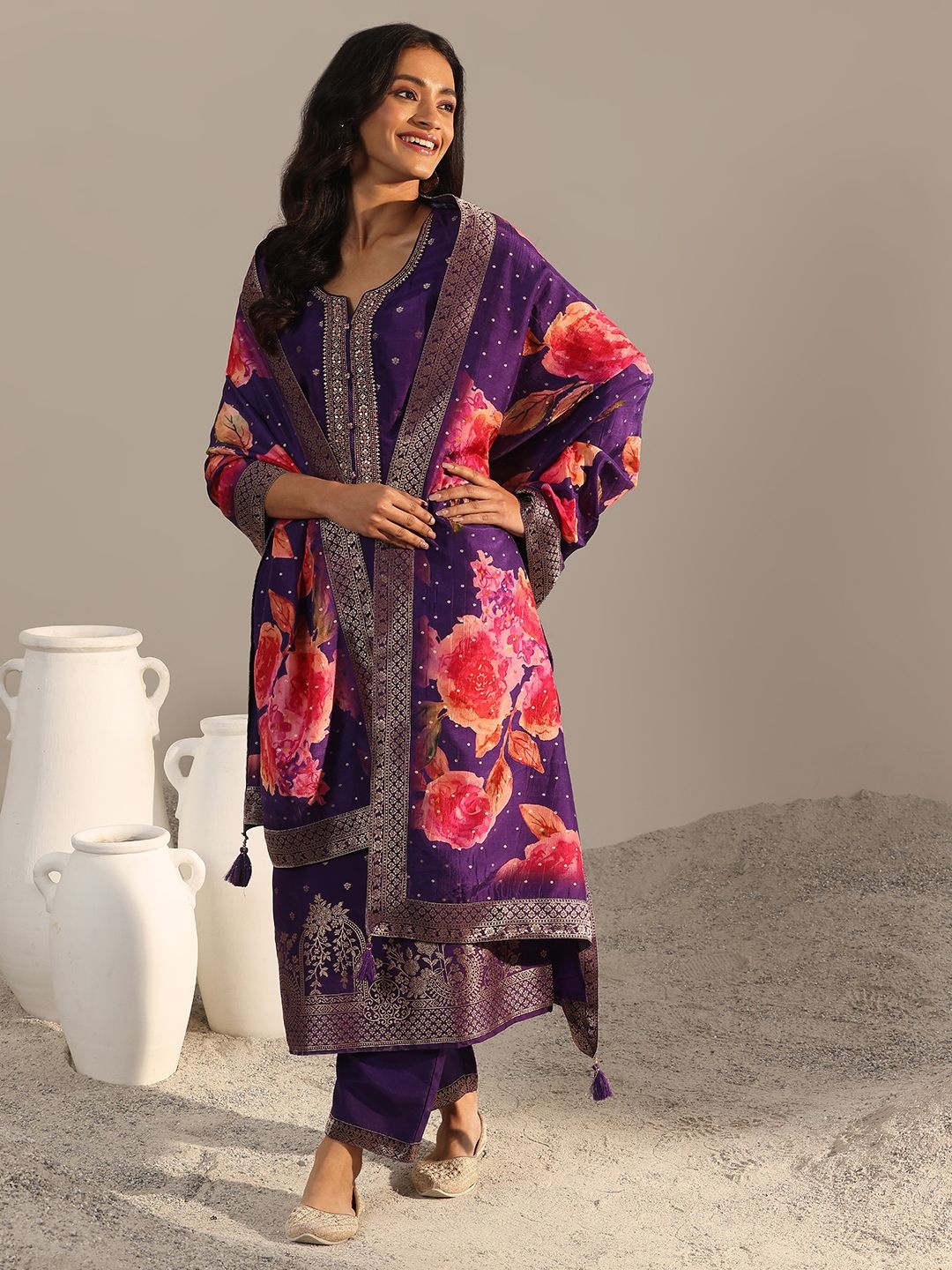 

Libas Purple Floral Woven Design Notch-Neck Straight Kurta With Trouser And Dupatta
