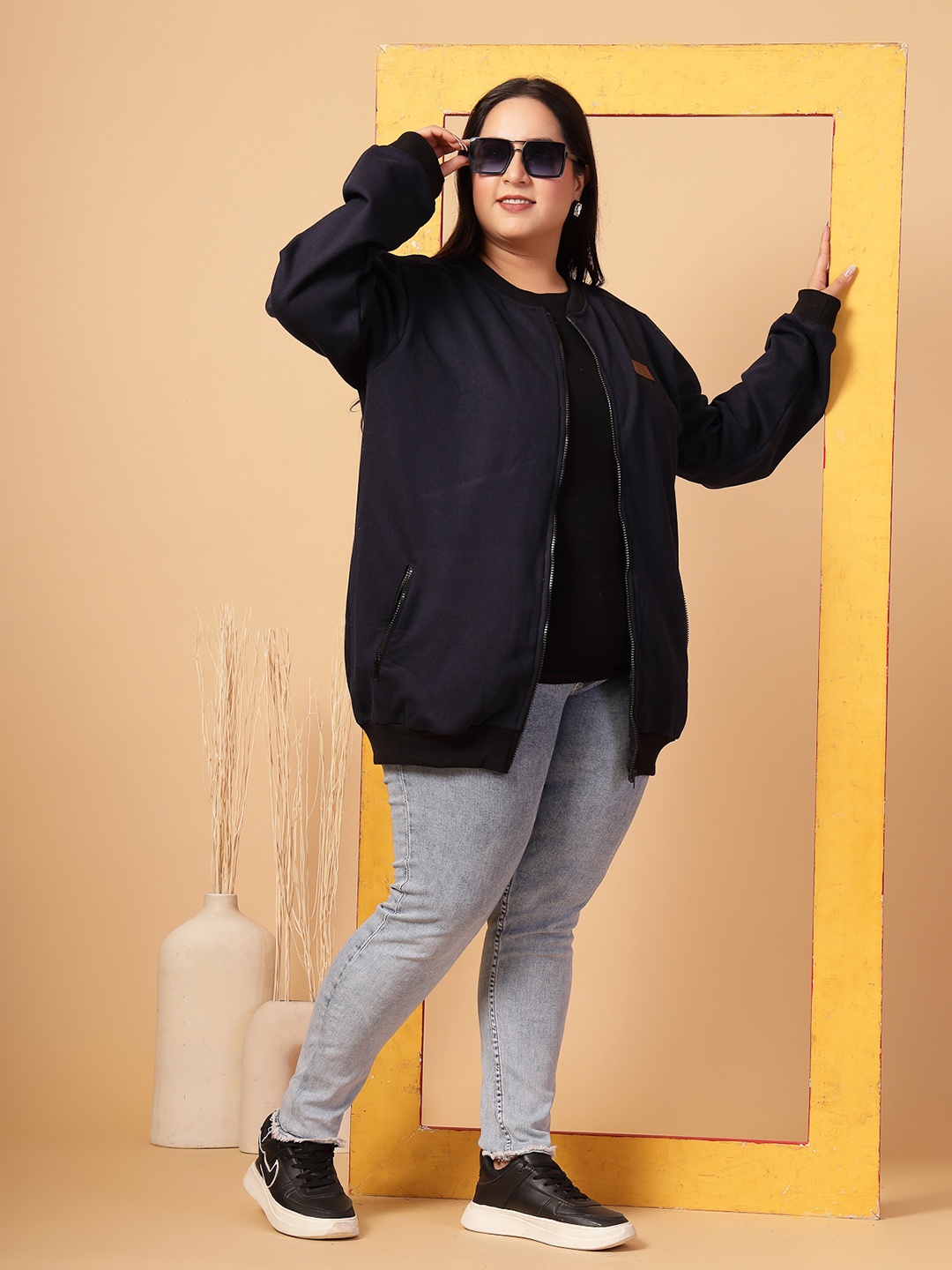Rigo Plus Size Fleece Lightweight Open Front Jacket, Navy blue