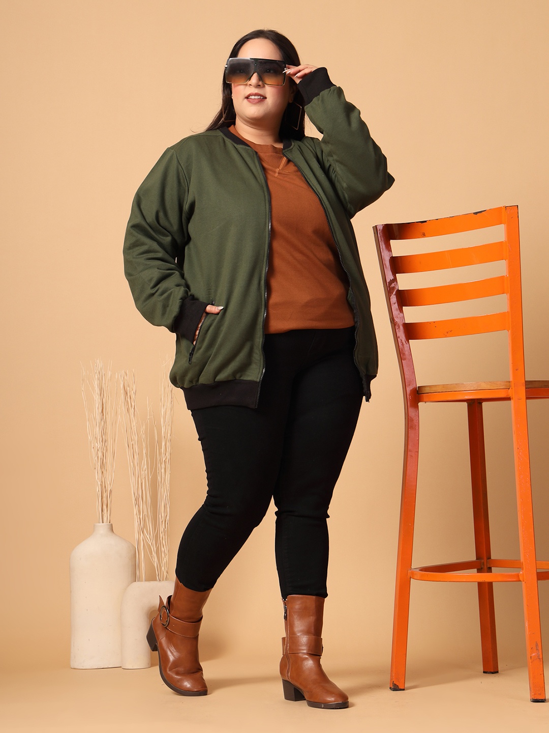 Rigo Plus Size Fleece Lightweight Open Front Jacket, Olive