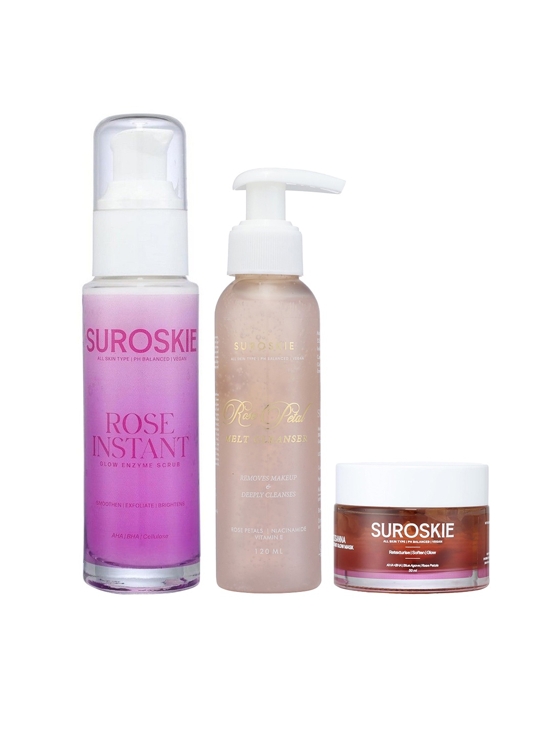 

SUROSKIE Rose Skin Care Combo - Face Scrub 50ml + Face Mask 50ml + Face Cleanser 120ml, Purple