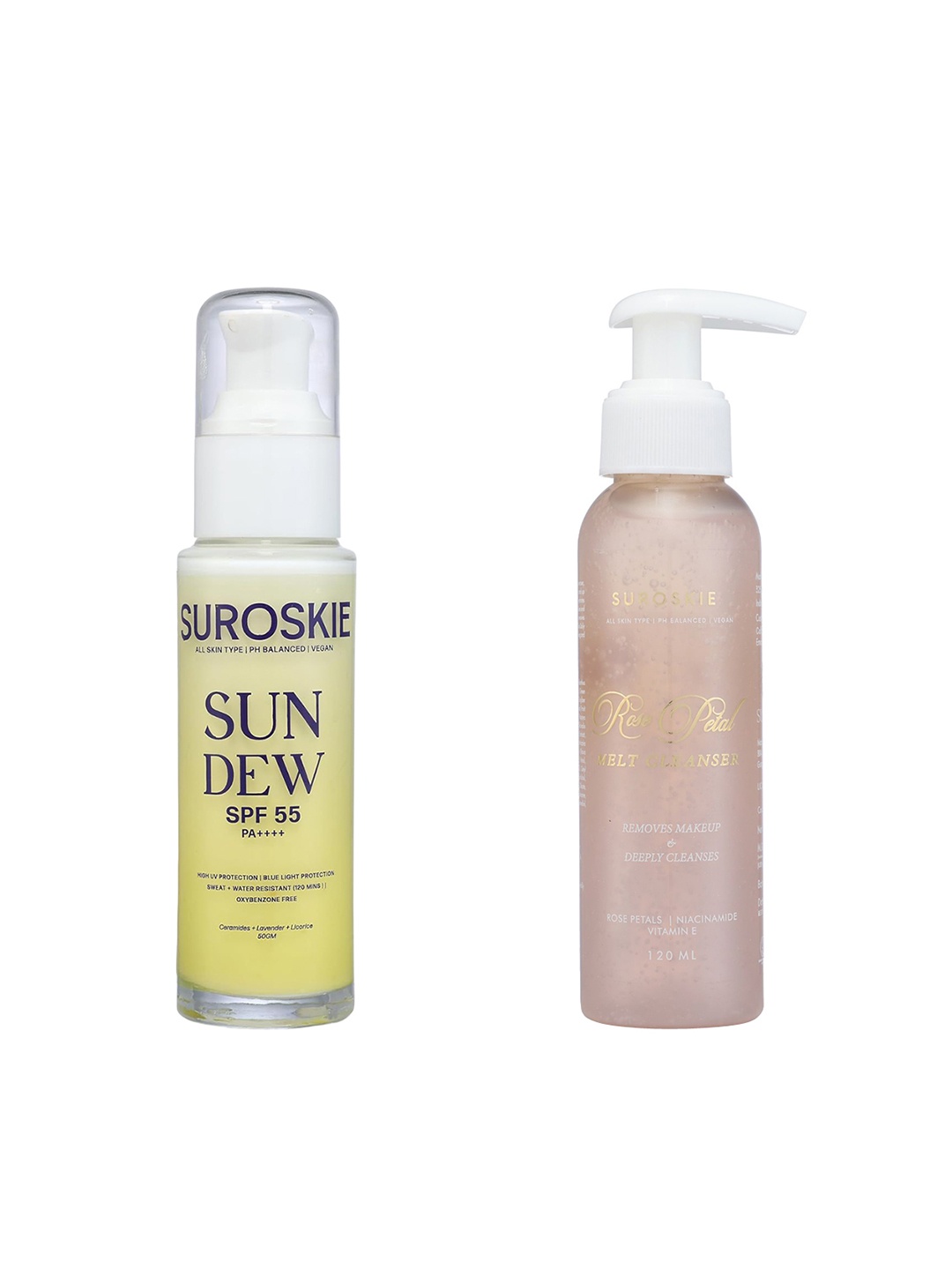 

SUROSKIE Set of Sun Dew Sunscreen SPF55 PA++++ 50g & Rose Petals Melt Face Cleanser 120ml, White