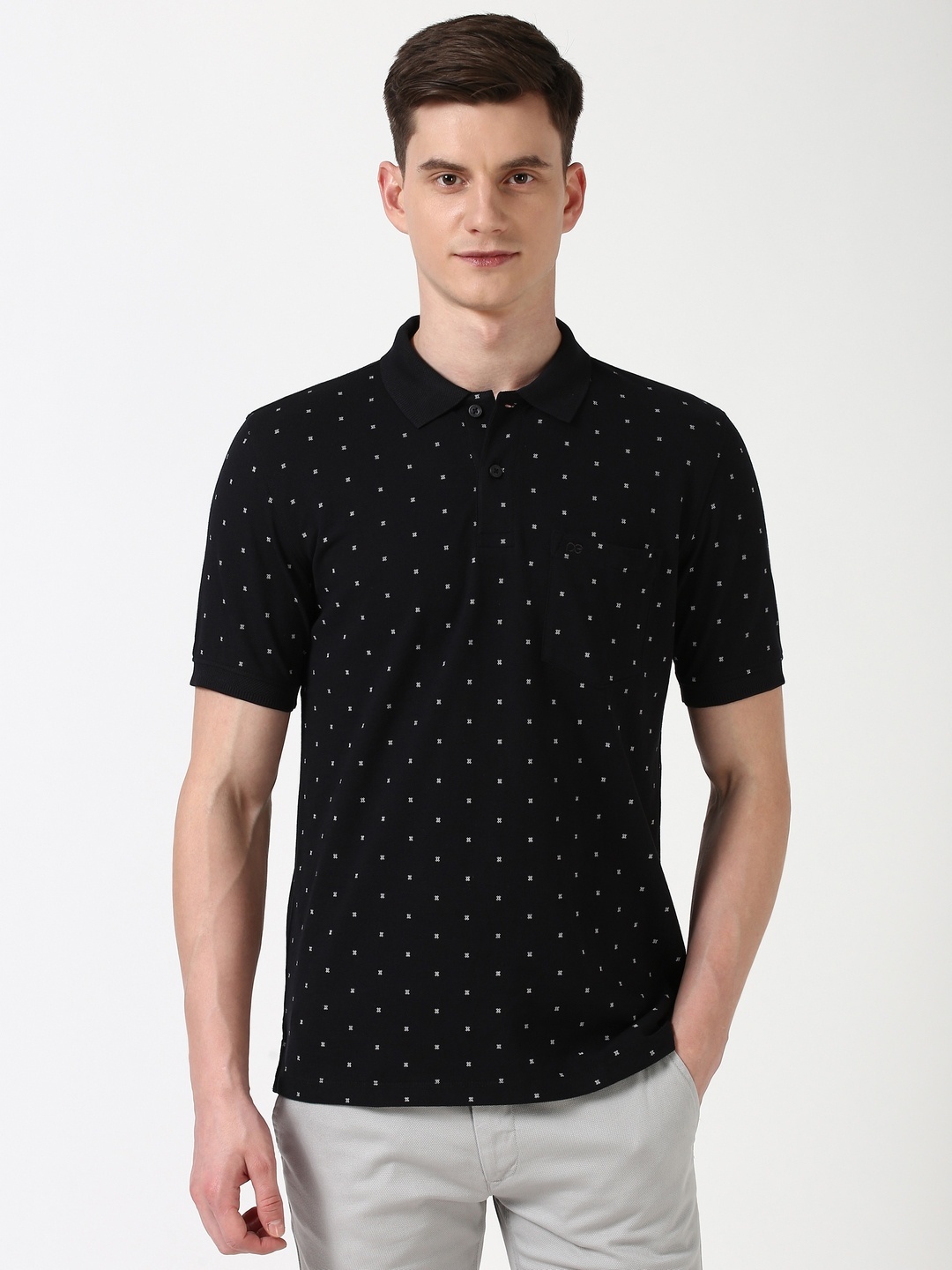 

Peter England Men Polka Dots Printed Polo Collar Cotton T-shirt, Black