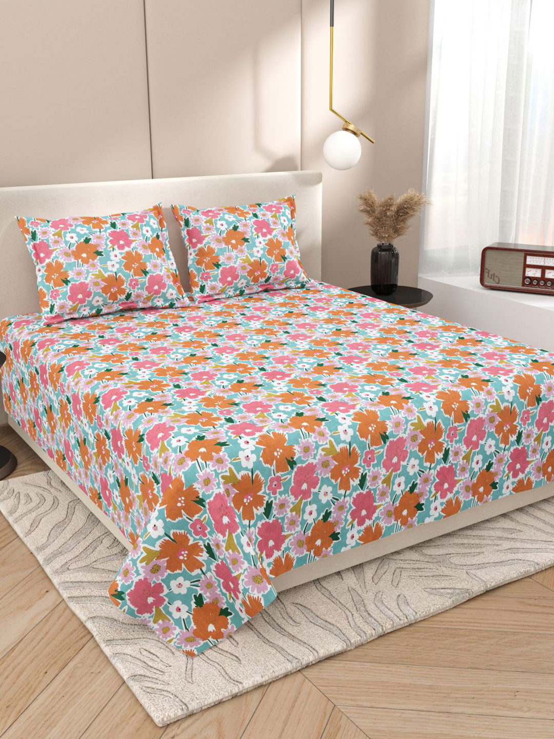 

DREAM WEAVERZ Blue & Orange Floral Cotton 220 TC Super King Bedsheet Set 2.75 m X 2.55 m