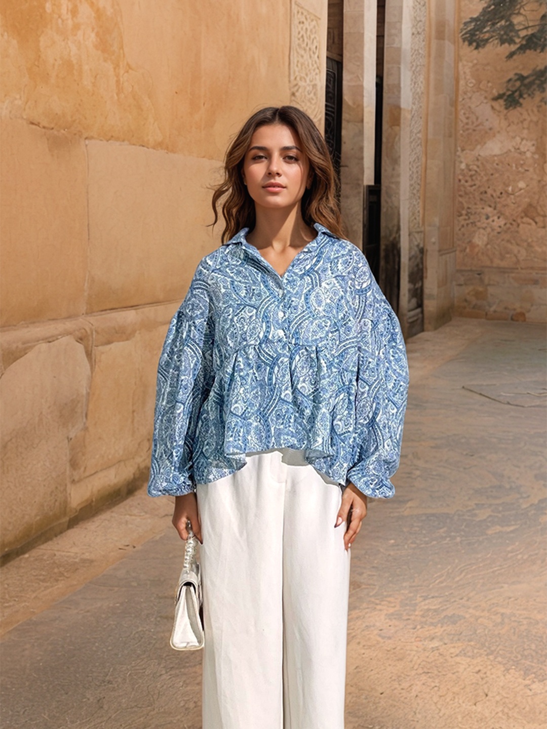 

Stylecast X Hersheinbox Ethnic Printed Cuban Collar Oversized Top, Blue