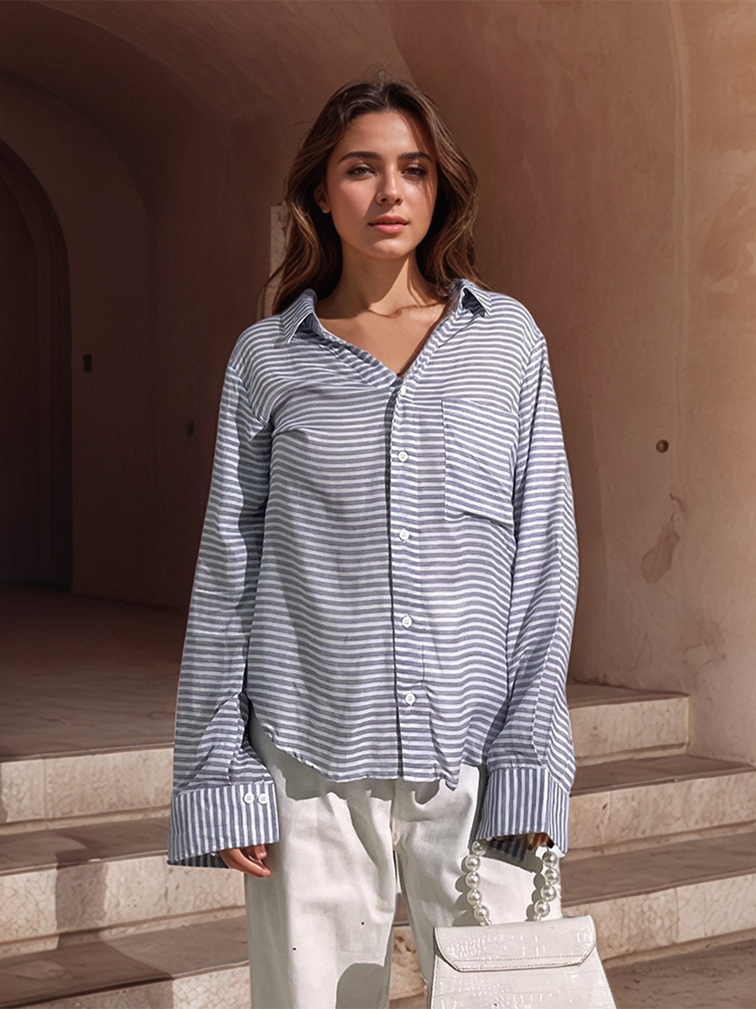 

Stylecast X Hersheinbox Horizontal Stripes Chest Pocket Detail Casual Shirt, Blue