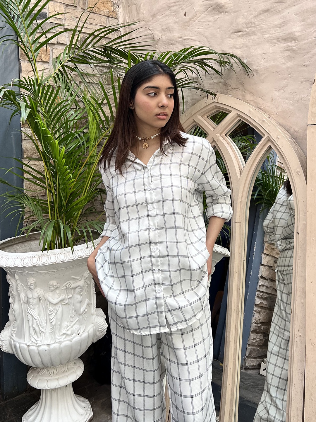 

Stylecast X Hersheinbox Checked Shirt With Flared Trousers, White