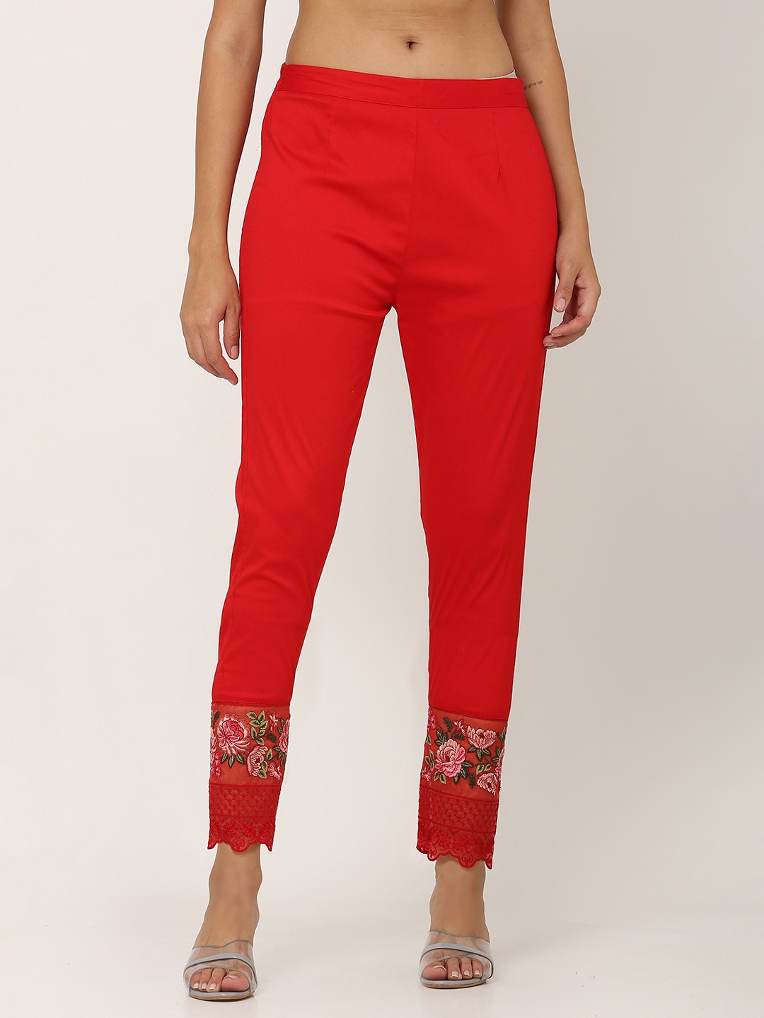 

FLOREOS Women Comfort Embroidered Cotton Trouser, Red