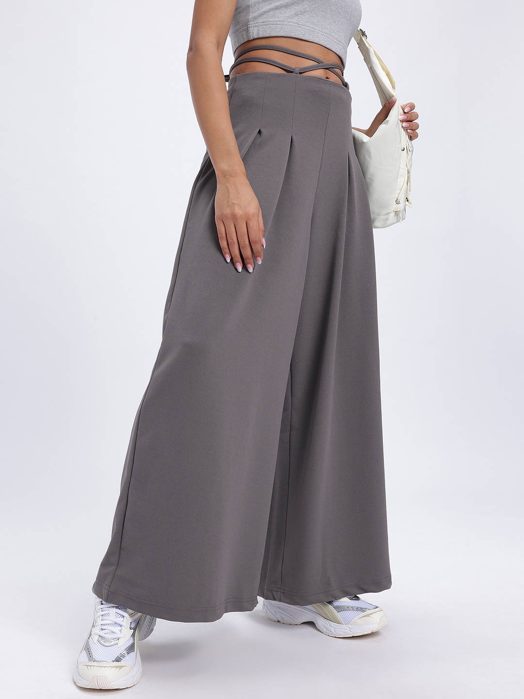 

glitchez Women Fluid Chic Waist Tie-Ups Wide Leg Trouser, Grey