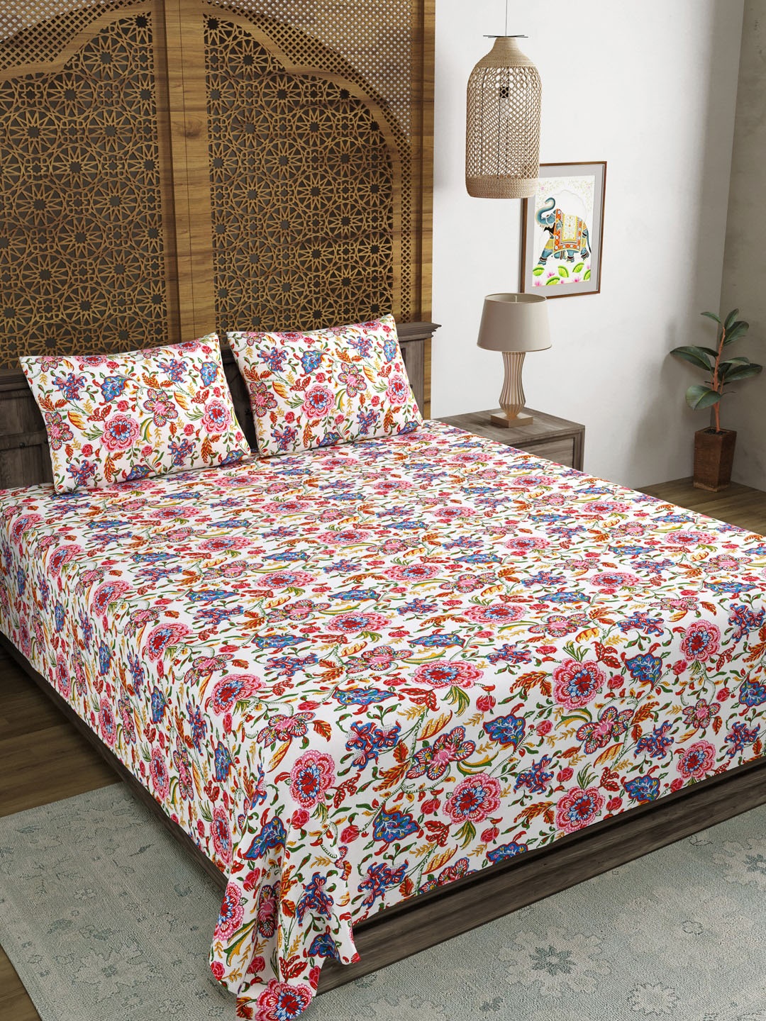 

Myntra Elegant Homes White & Green Floral Printed 210 TC King Bedsheet Set 2.69 m X 2.69 m