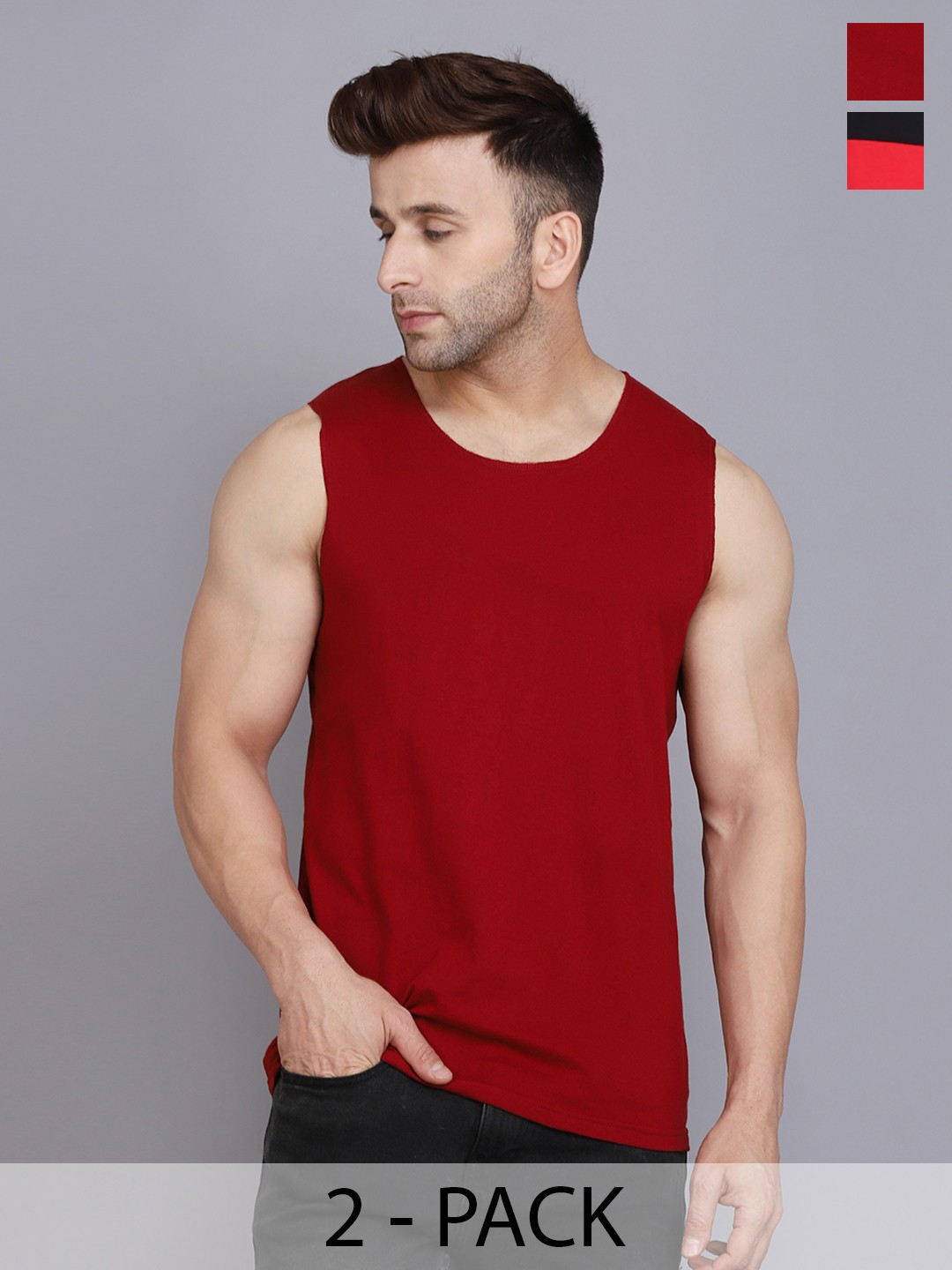 

WOOSTRO Men Pack Of 2 Solid Round Neck Cotton Slim Fit T-shirts, Maroon