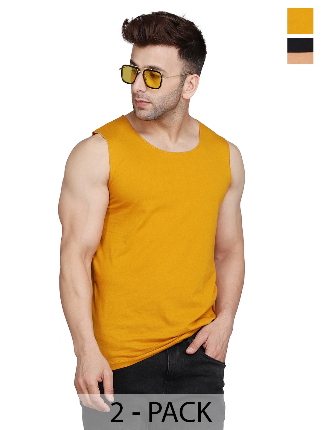 

WOOSTRO Men Pack Of 2 Solid Round Neck Cotton Slim Fit T-shirts, Mustard