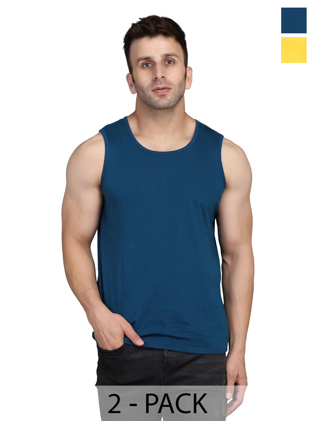 

WOOSTRO Men Pack Of 2 Sleeveless Round Neck Gym Vest, Yellow