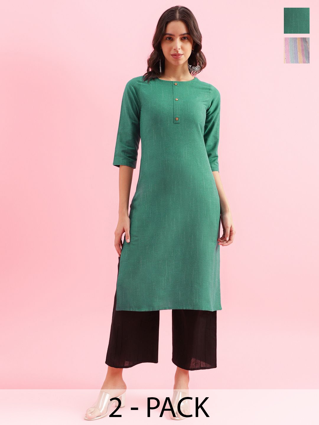 

KALINI Selection Of 2 Woven Round Neck Straight Kurtas, Pink