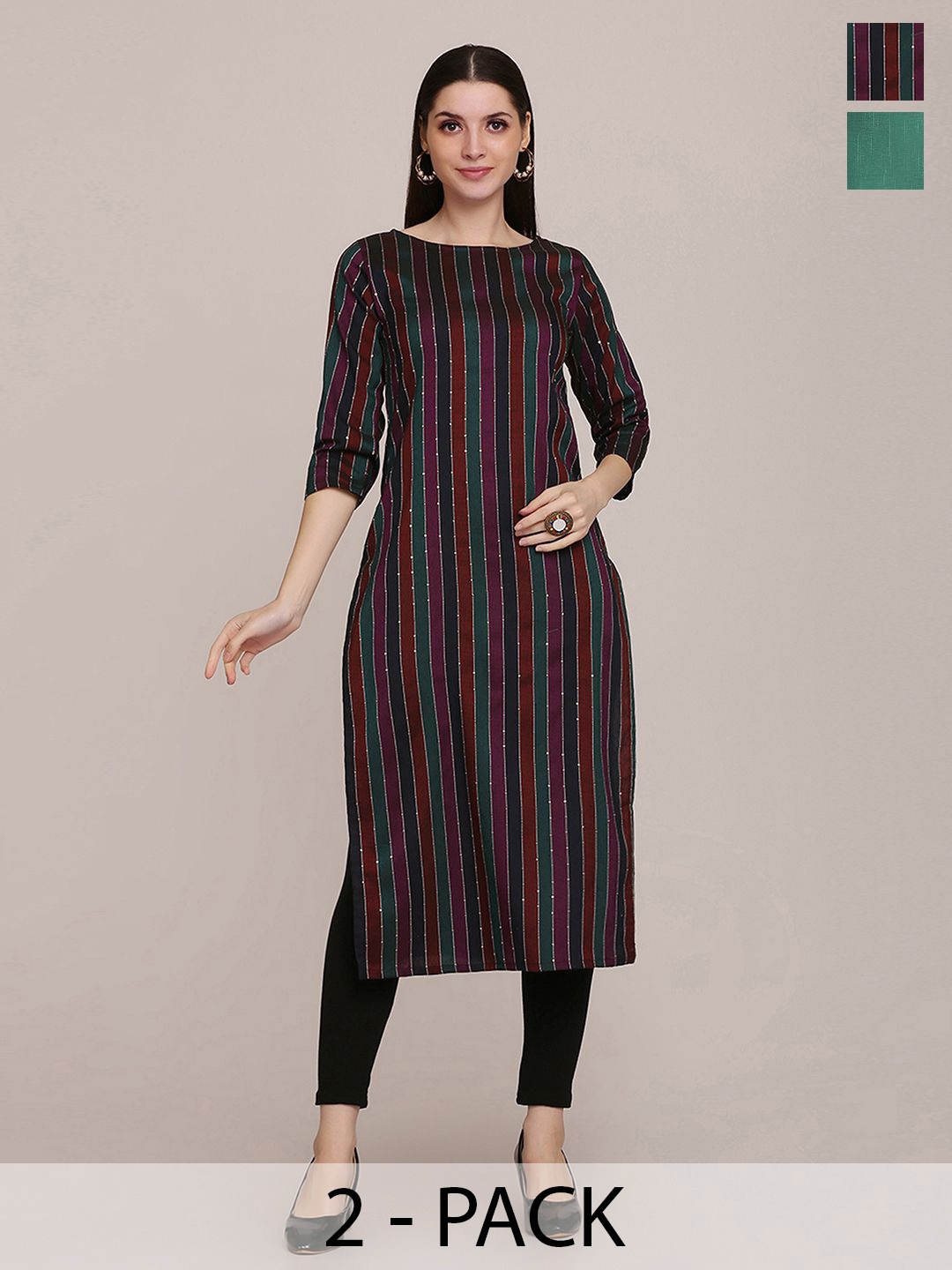 

KALINI Selection Of 2 Striped Round Neck Straight Kurtas, Purple