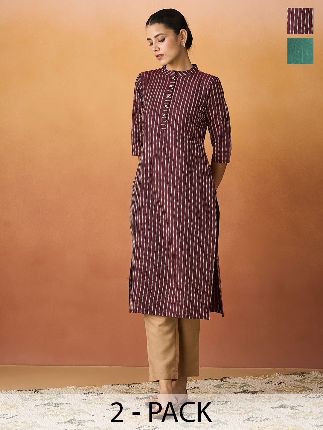 

KALINI Selection Of 2 Striped Round Neck Straight Kurtas, Maroon
