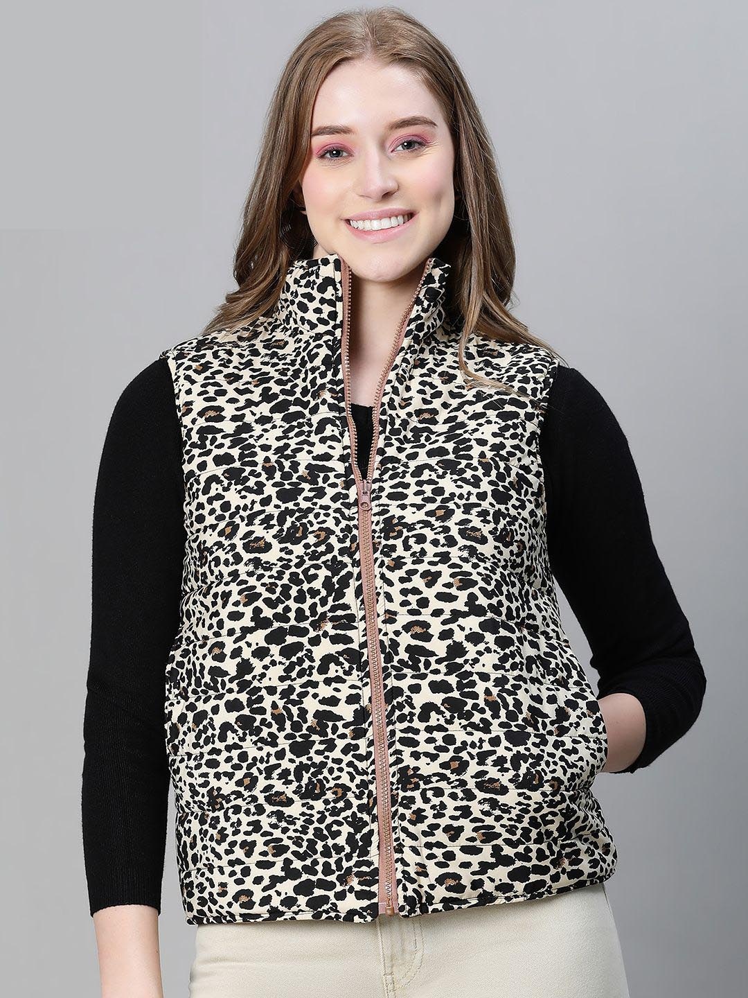 

Oxolloxo Women Stand Collar Animal Printed Casual Reversible Quilted Jacket, Beige