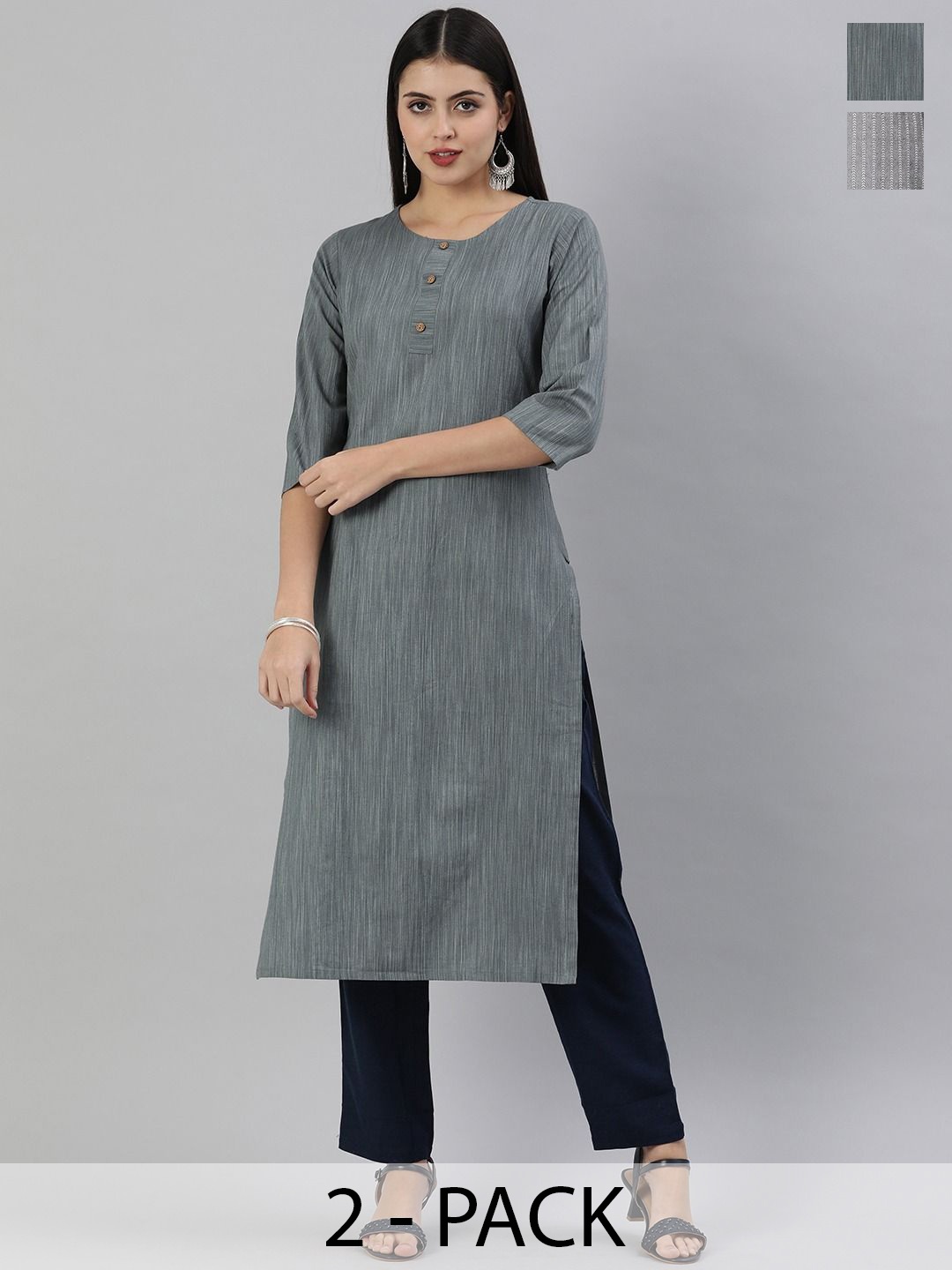 

KALINI Selection Of 2 Striped Round Neck Straight Kurtas, Grey