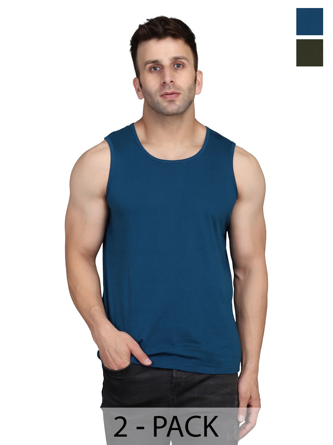 

Woostro Pack Of 2 Pure Combed Cotton Gym VestsRS26 COMBO (PEACOCK) (OLIVE), Teal