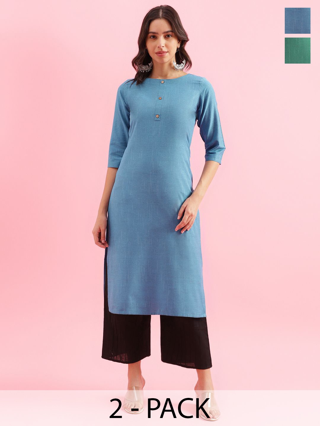 

KALINI Selection Of 2 Round Neck Straight Kurtas, Blue