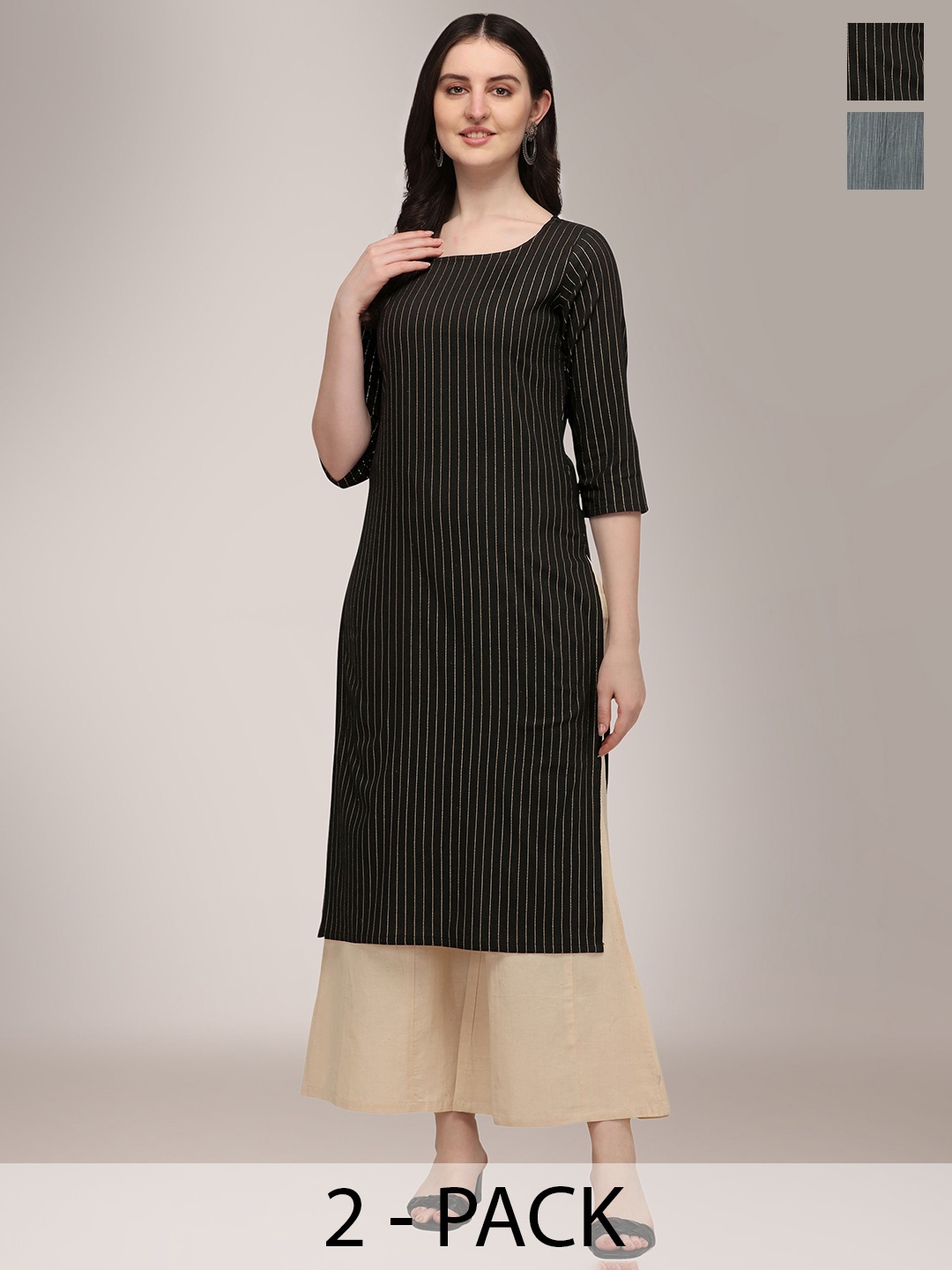 

KALINI Selection Of 2 Woven Round Neck Straight Kurtas, Black