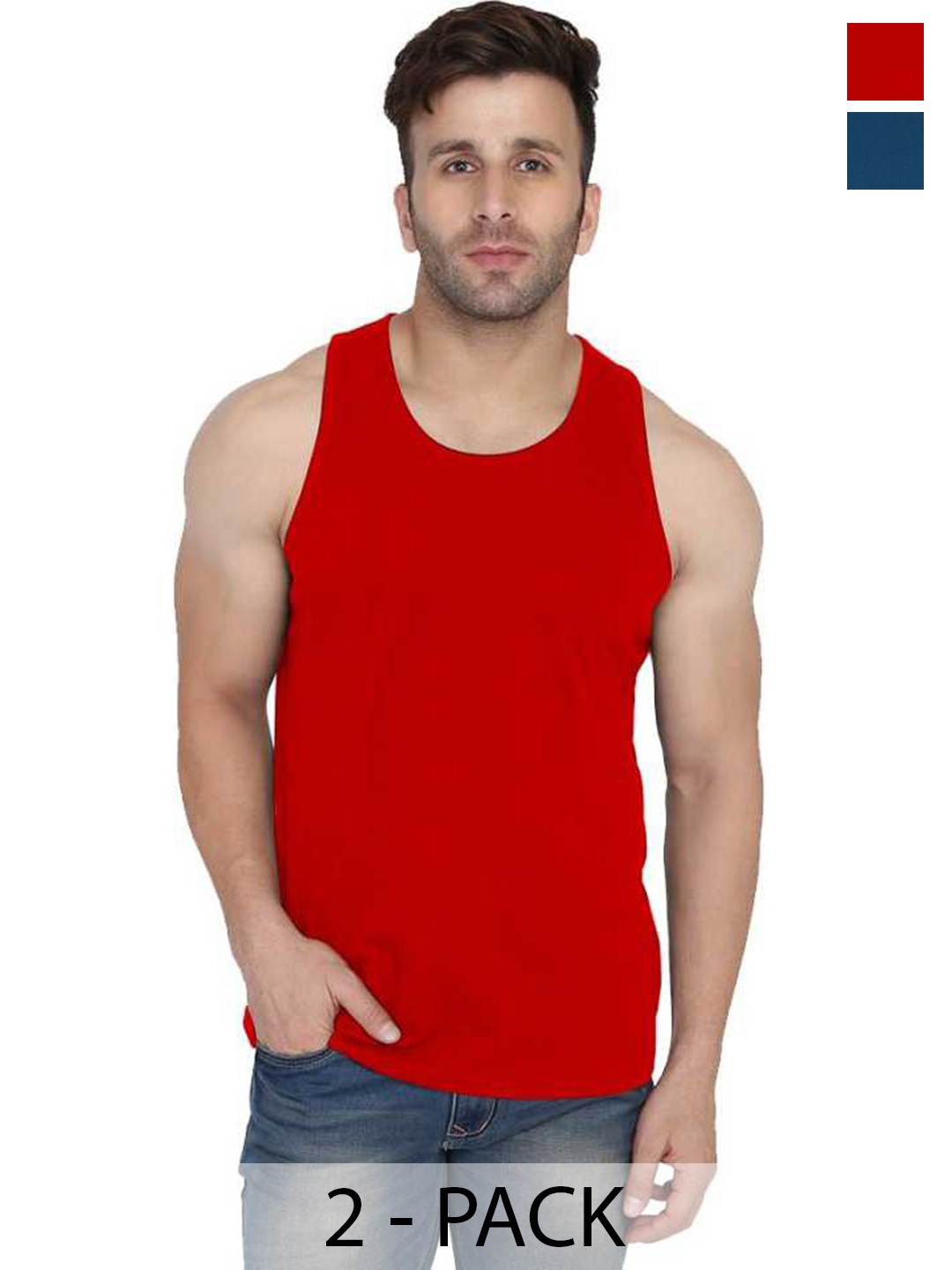 

WOOSTRO Men Pack Of 2 Round Neck Cotton Innerwear Vests, Red